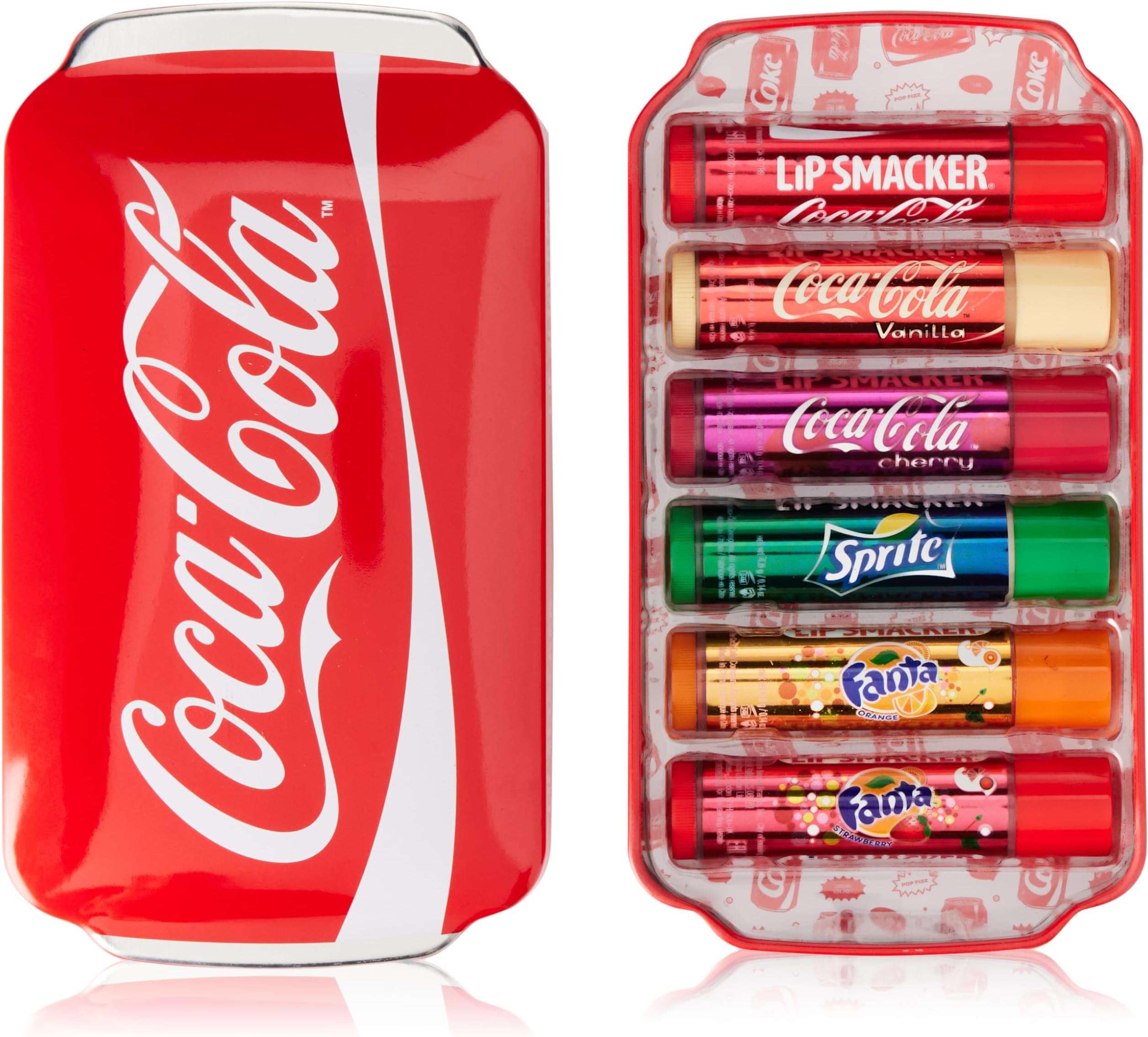 Lip Smacker Coca-Cola Collection, Gift Set 6 Coca-Cola & Sleep Mask, Fanta and Sprite Flavoured Lip Balms, Assorted Authentic Coca Cola-Flavoured Lip Balm with a Red Sleep Mask, Travel Set
