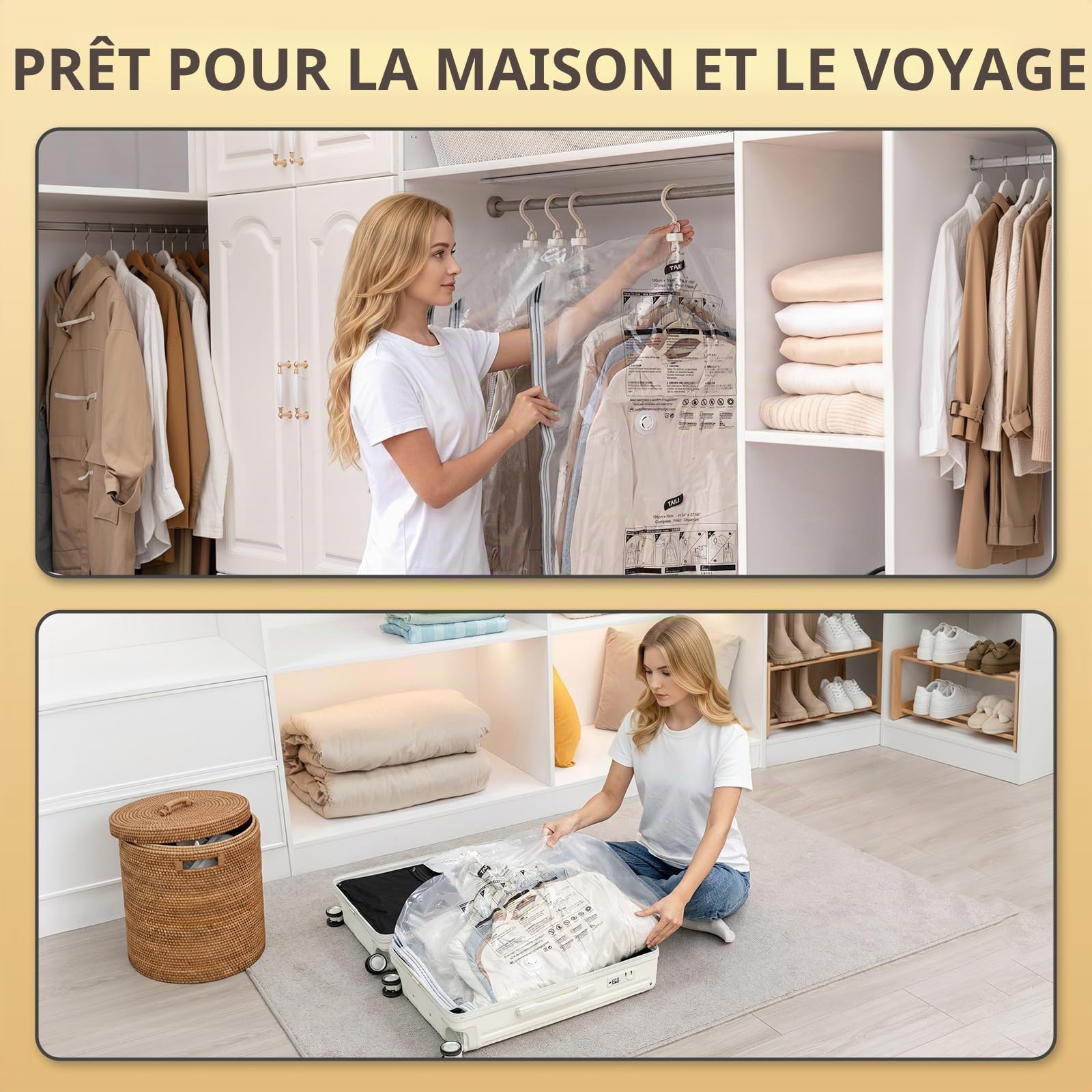 TAILI Sacs de Rangement sous Vide Suspendus pour vêtements, 6 paquets (105x70cm), Housse sous Vide pour costumes, manteaux, vestes, organisateur de placard Sacs à Suspendre