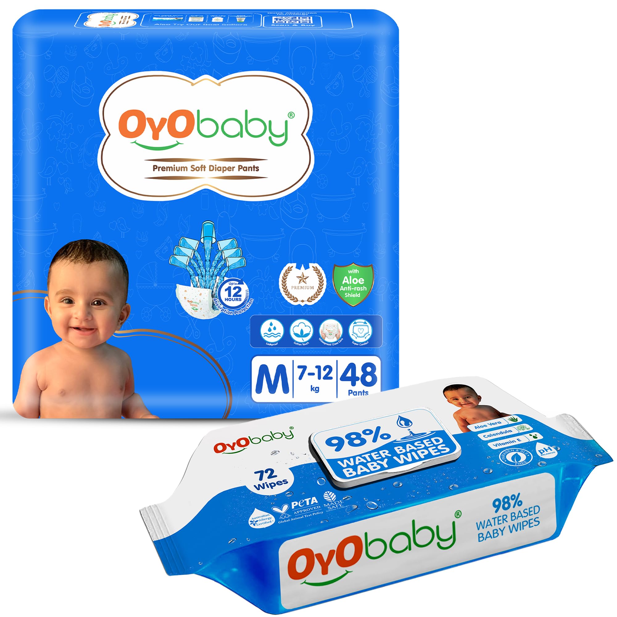 OYO BABY Diapers | Long Lasting Dry Night & Comfortable Sleep Style Diaper Pants, Size 9-14 kg baby 48 Count (Pack of 1), & OYO BABY Soft Cleaning with Aloe Vera Baby Wipes Lids 72 Counts (Combo Pack)-image-19