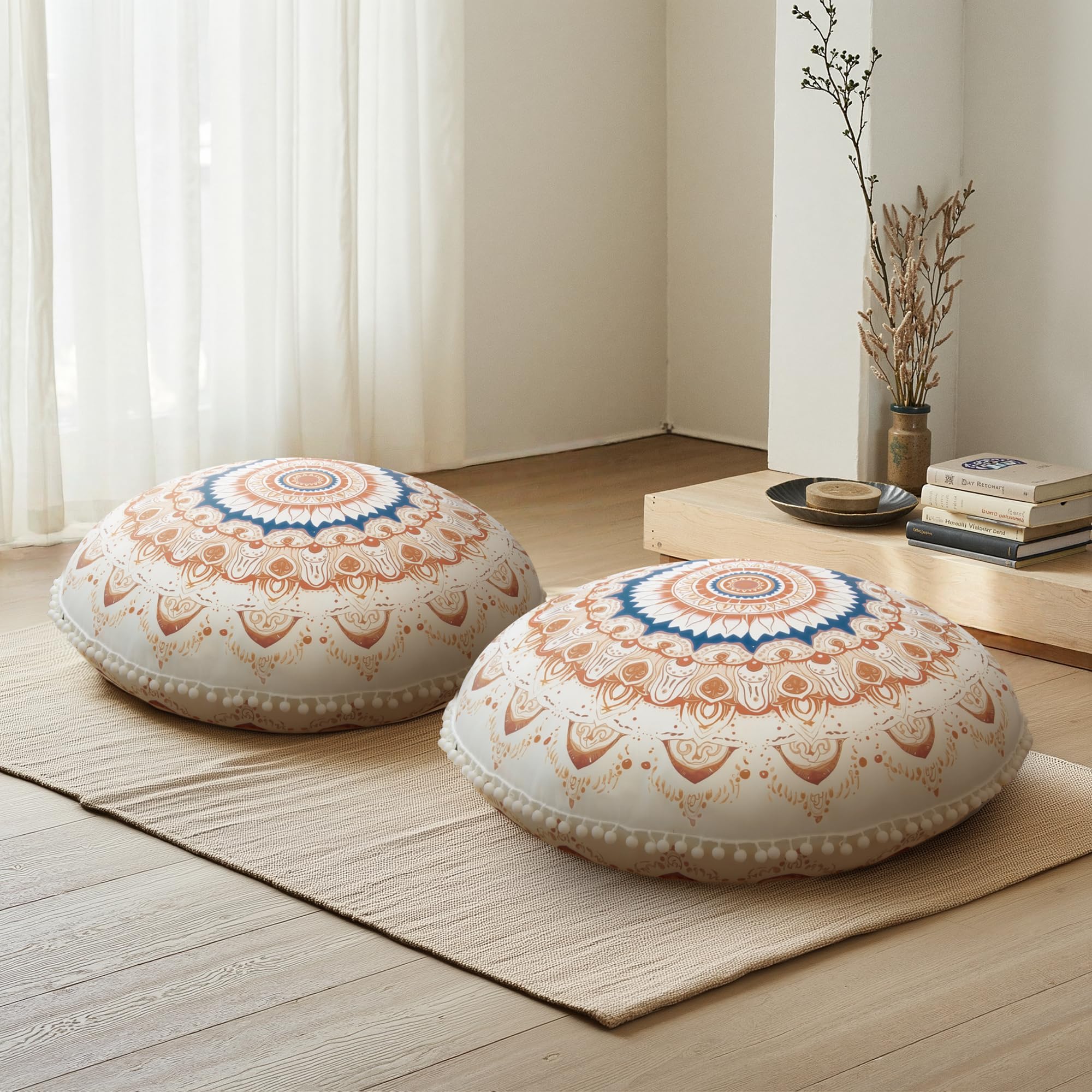 Zestaw 2 poduszek do medytacji na podłogę, okrągłe poduszki do siedzenia ze zdejmowanym pokrowcem, 80 cm, duża, ergonomiczna poduszka do jogi z dekoracją pomponu, Brązowy