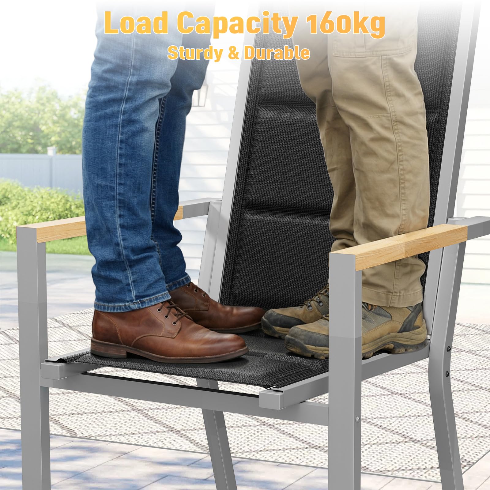 JUMMICO Chaise de Jardin Extérieur Cadre Aluminium avec Accoudoirs Style Bois – Assise Texlin, Empilable et Rangeable sous Table, 160kg de Charge – Parfaite pour Jardin, Cour, Balcon