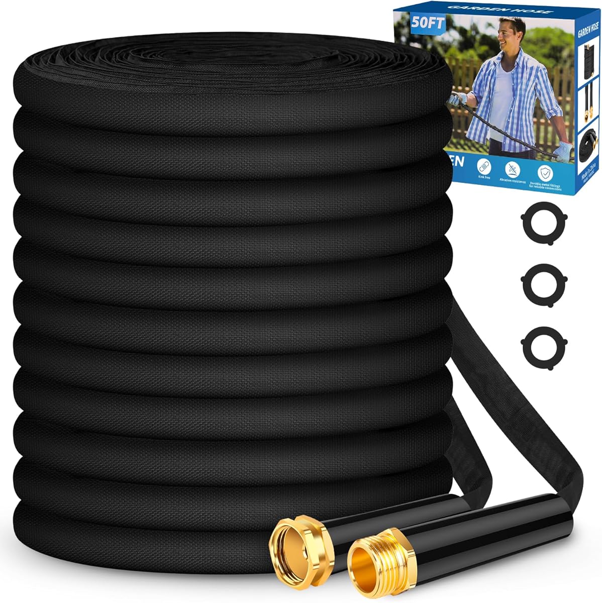 Garden Hose 50ft, Non-Expanding, Lightweight, Leak-Proof Metal interface, No-Knots, Portable, Wear-Resistant, Sturdy, Flexible, 3/4GHT, Water Hose for Yard, Garden