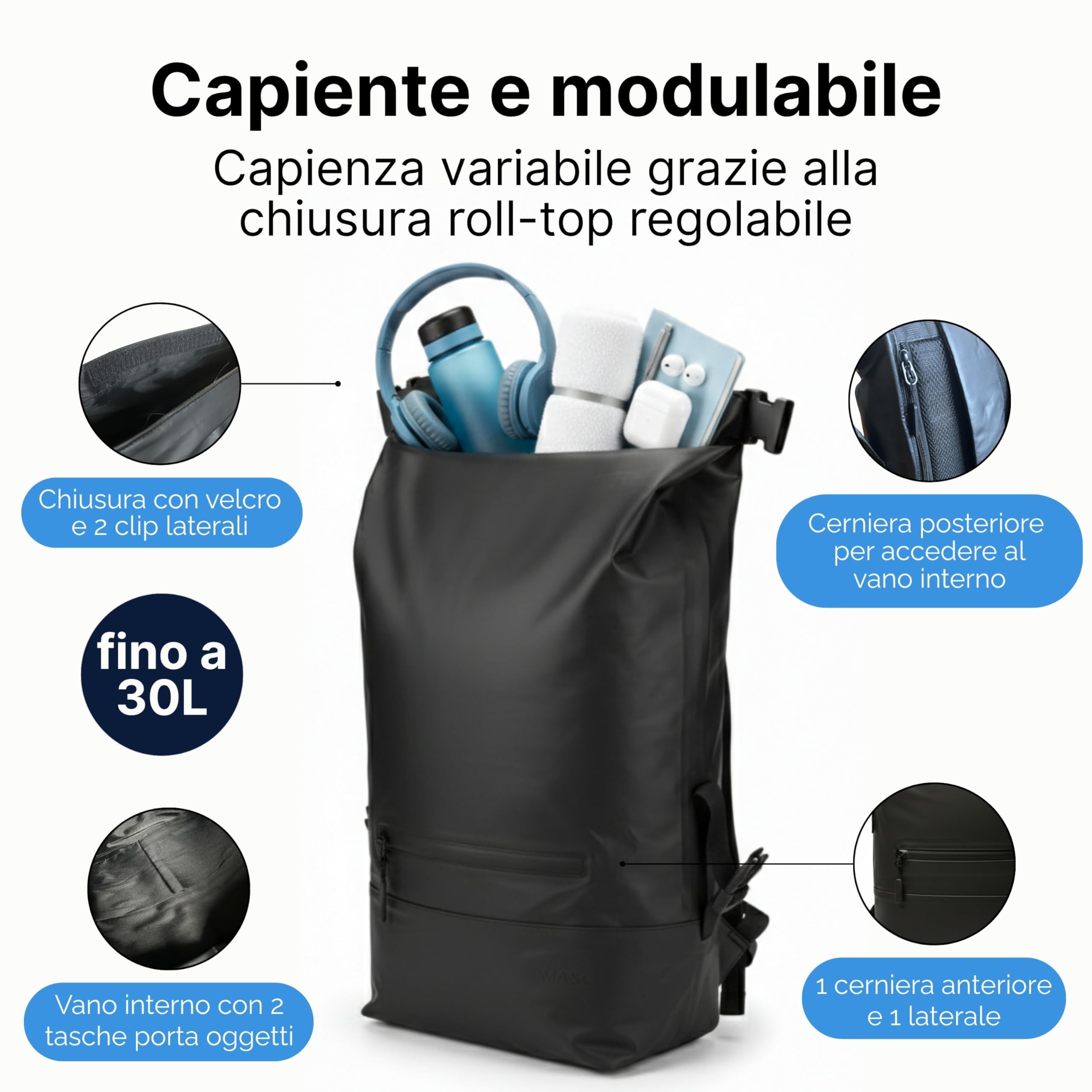 MASC Zaino Rolltop per Ufficio, Zaino da Lavoro Porta PC 17 Pollici, Elegante e Impermeabile perfetto per Uomo e Donna