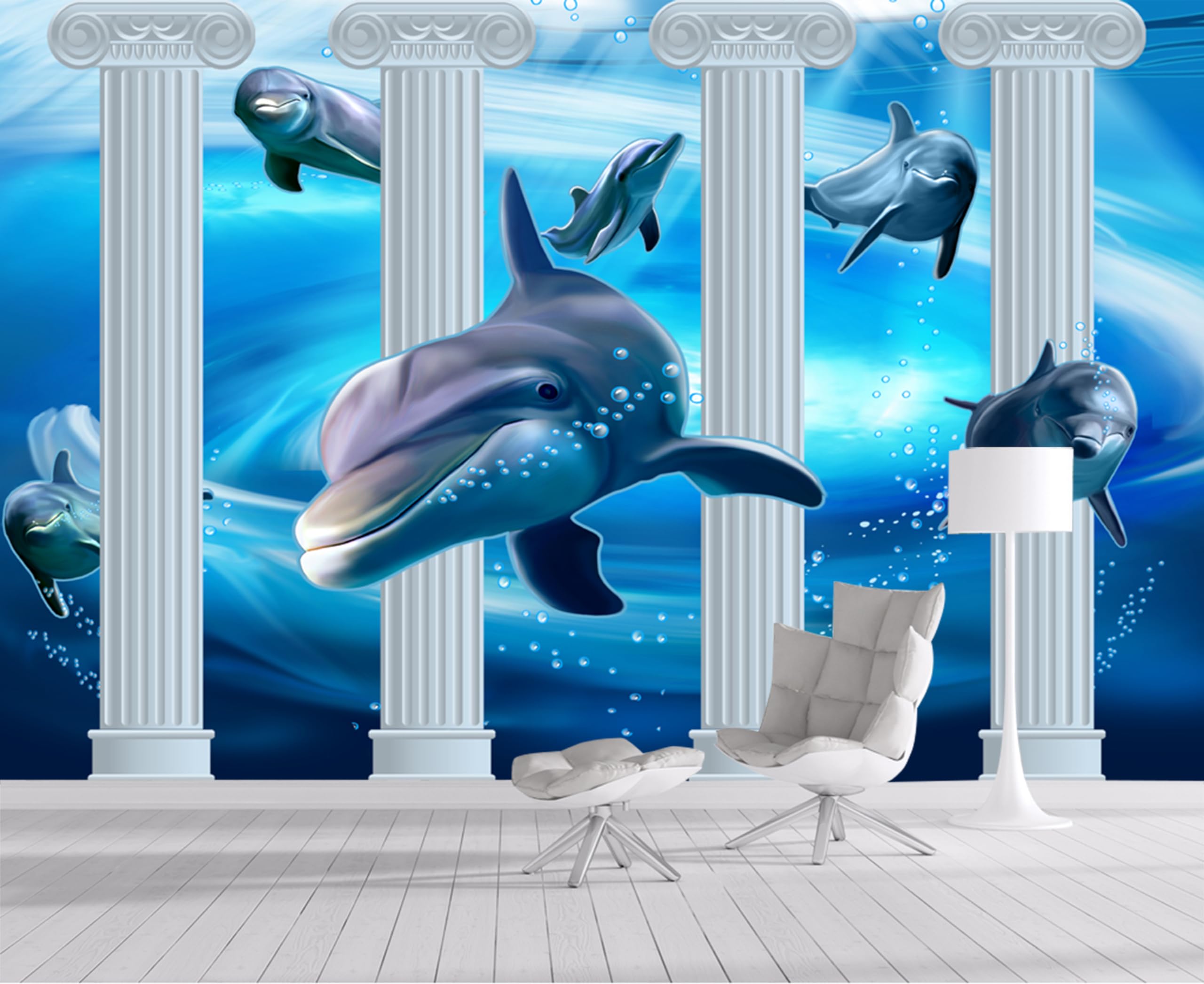 Custom Size Wall Murals,3D Sea Underwater World Dolphin Shark Natural Scenery,Removable Peel and Stick Self-Adhesive Wall Murals Large Photo Wallpaper