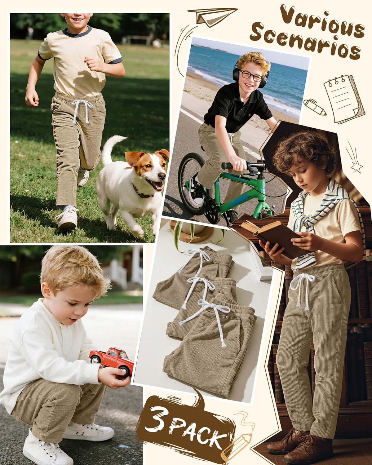 3 Pack Boy's Corduroy School Uniform Pants Baggy Straight Leg Pull on Pants Casual Drawstring Joggers with Pocket - Image 4