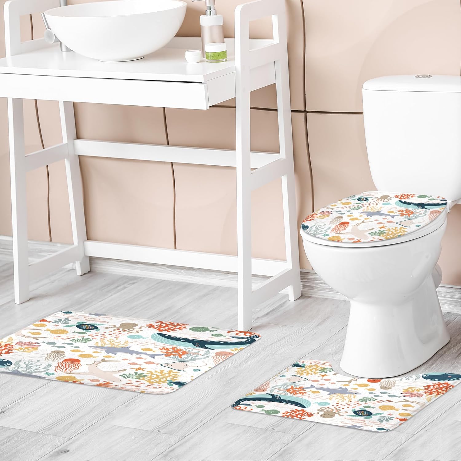 Riyidecor Kids Sea Animal 4Pcs Bathroom Shower Curtain Sets Funny Cartoon Cute Underwater Whale Bathroom Decor Set with Rugs and Accessories Ocean Toilet Lid Rug, Contour and Bath Mat with 12 Hooks