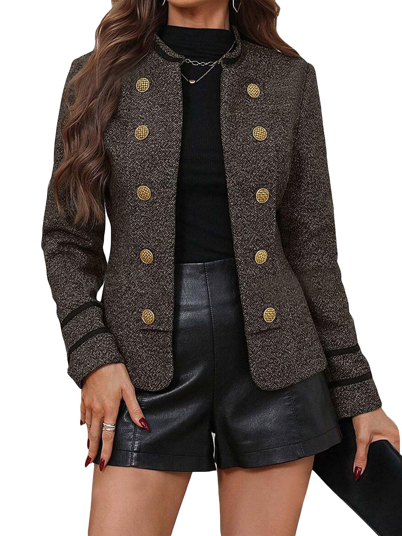 Mina Self 2025 Fall Womens Tweed Blazer Jacket - Open Front Slim Petite Double-Breasted Stand Collar Work Trendy
