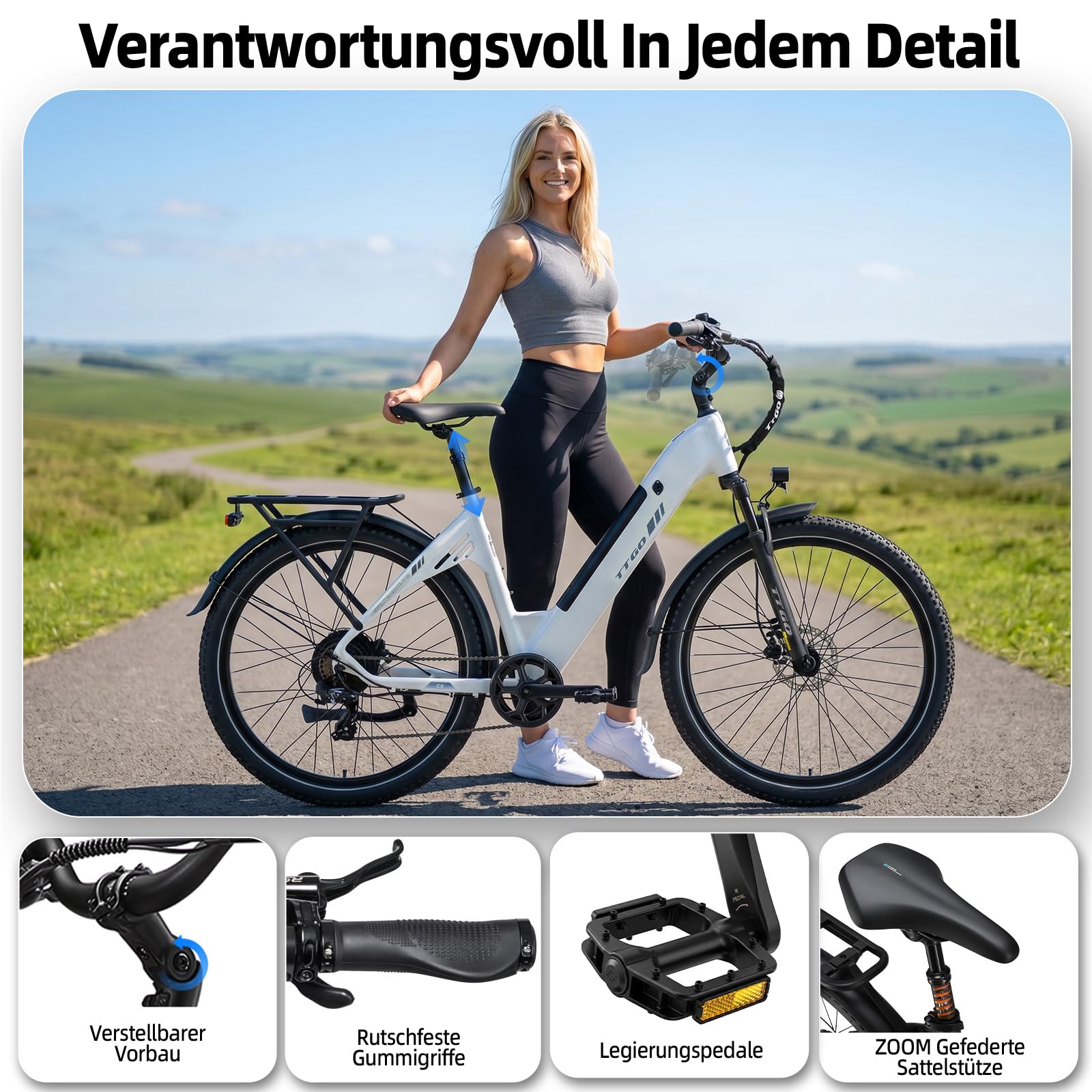 ttgo C5 27.5 Zoll E-Bike für Damen & Herren, 250W HECKMOTOR MIT 70 NM, 48V 13.5Ah Akku abnehmbar, 110–130 km Reichweite, Shimano 7-Gang, montieren.27.5"*2.4 StVZO