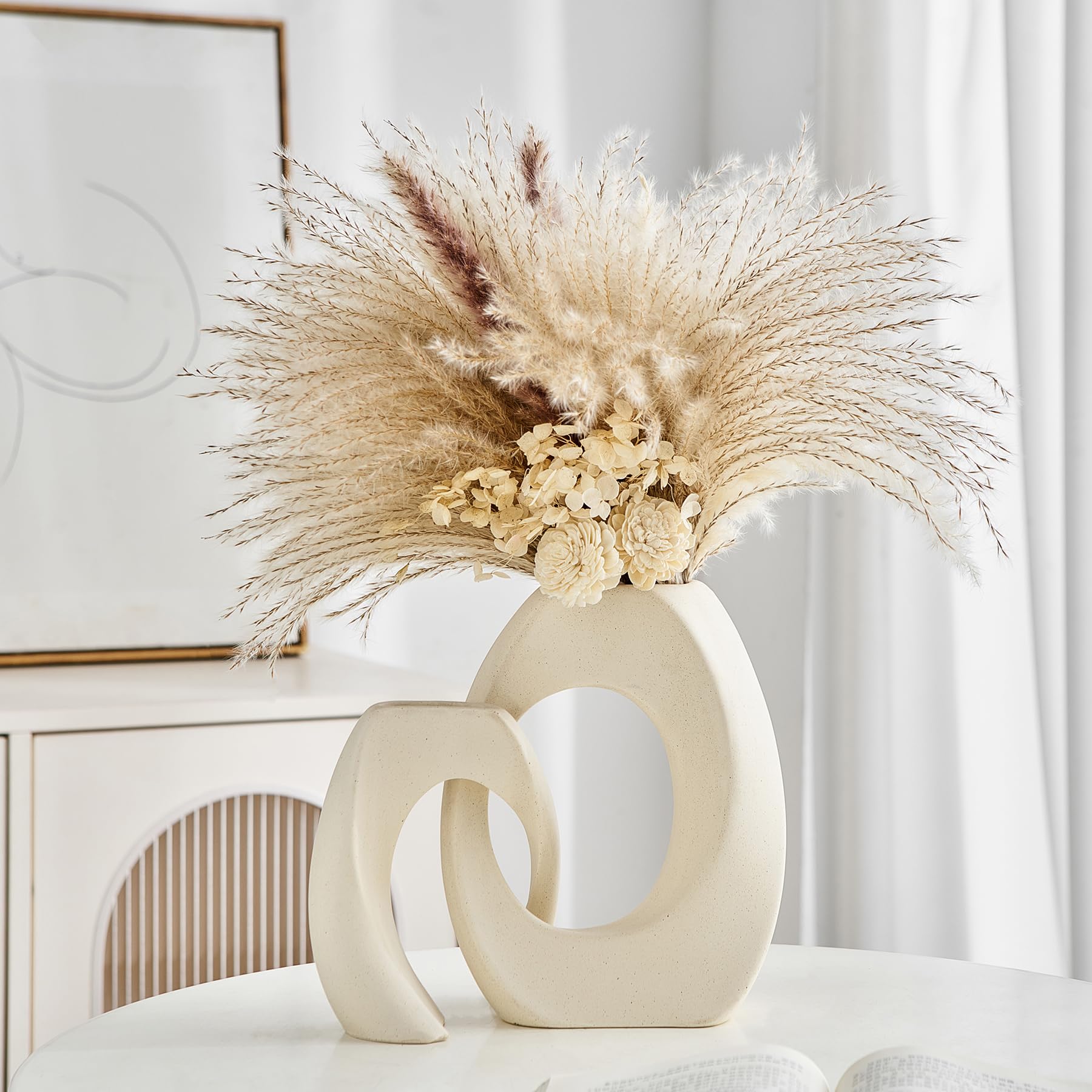 Modern White Ceramic Vases Set of 2 for Home Decor Boho Donut Flower Vase Hollow Vase for Wedding Dining Living Room Table Centerpieces Coffee Table Decoration (Black and White)