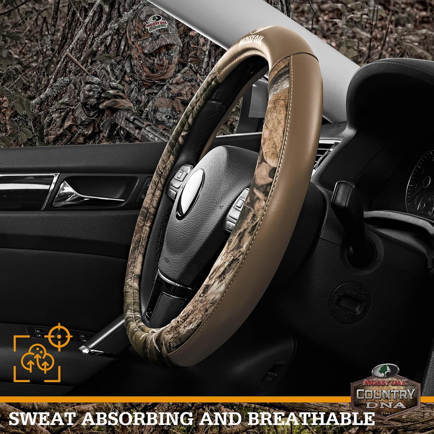 Mossy Oak Camo Steering Wheel Cover, Durable Grip Car Steering Cover, Universal Fit 14.5"–15.5" - Made with Premium Beige PVC Leather and Cotton Fabric, Anti-Slip - Official Licensed Product