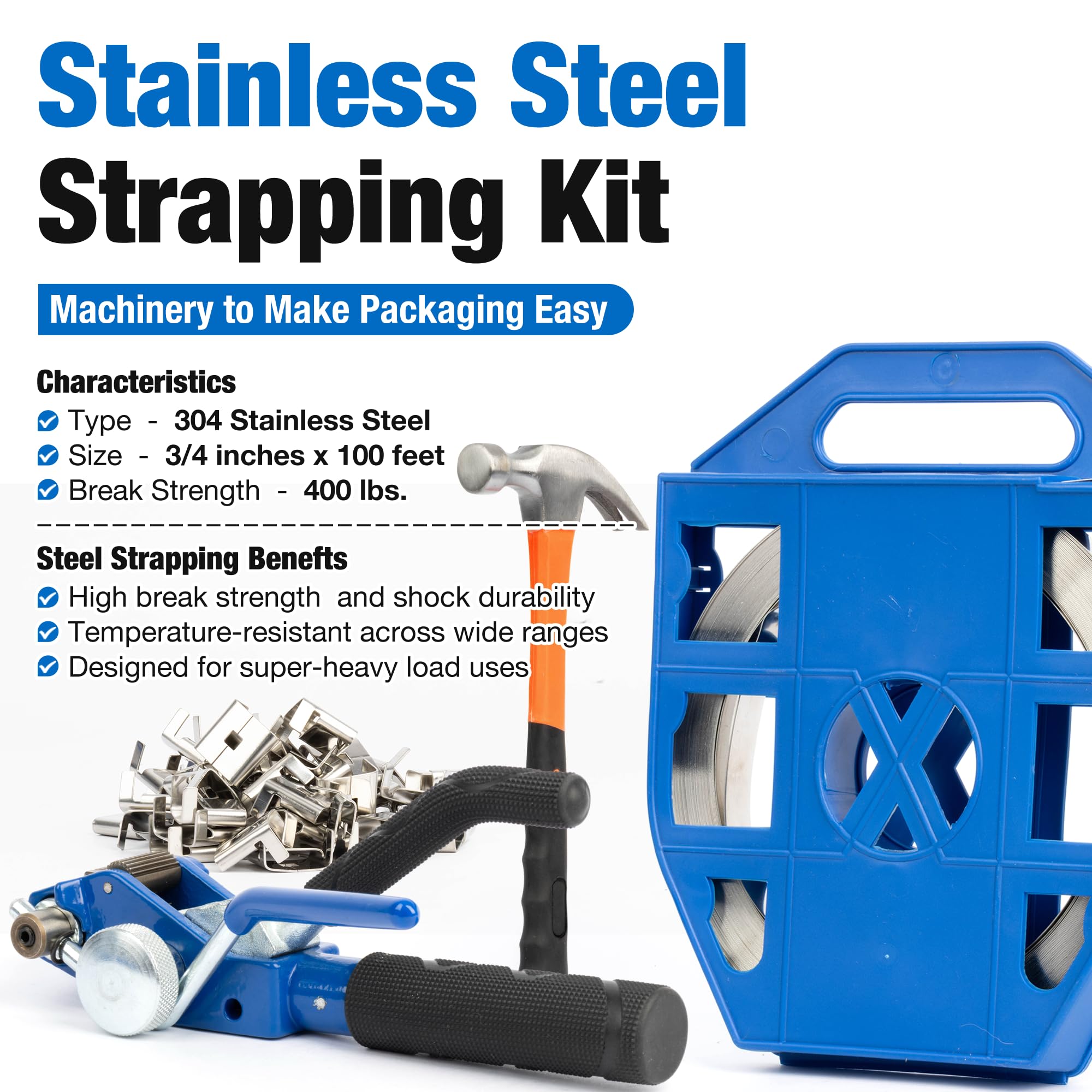 U.S. Solid Edelstahl-Bandset 304 - Umreifungszange mit 19mm x 30m Bandrolle, 100 Sicherungsclips + Hammer für stabile Palettenverpackung