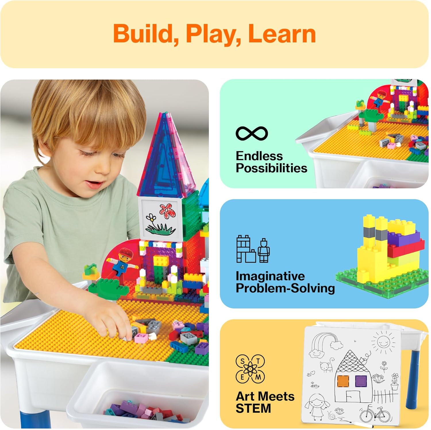 PicassoTiles 585pc Kids Activity Table Magnetic Tiles and Building Bricks STEM Pretend Play Learning with Reversible Brick Whiteboard Tabletop Storage Bins and Add-On Toys Boys Girls Ages 3+ PBT585
