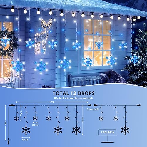 Miniatura 4 de Luces de carámbano de copo de nieve de Navidad, 6.5 pies, 144 luces LED con 12 gotas, temporizador, 8 modos conectables, luz de hadas impermeable