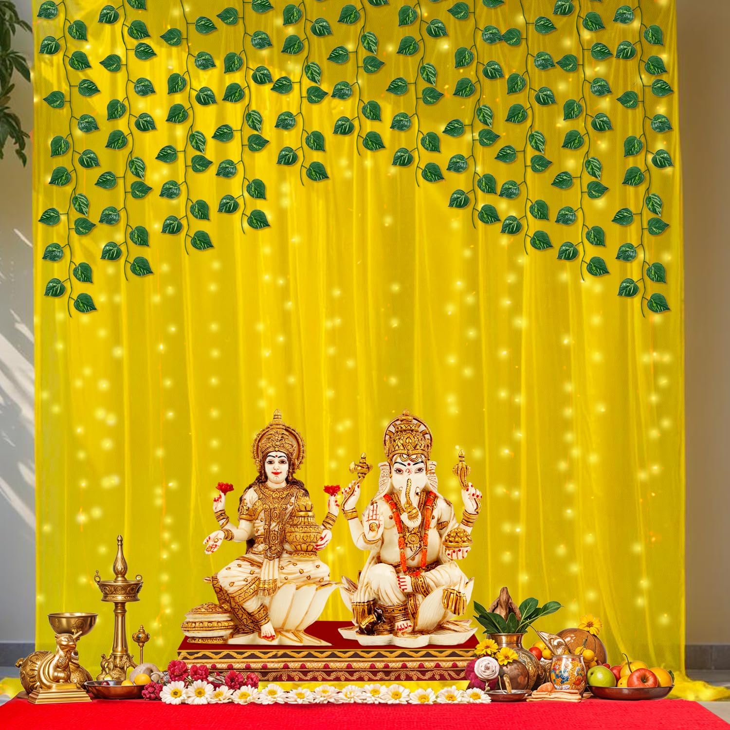Party Propz Navratri Decoration Items, Diwali Decoration for Home Decor, Yellow Backdrop for Decorations, Backdrop Cloth for Decorations Pooja, Haldi Decor (8Pc)(Light 9m, Leaves, Satin Mix) - Image 9 thumbnail