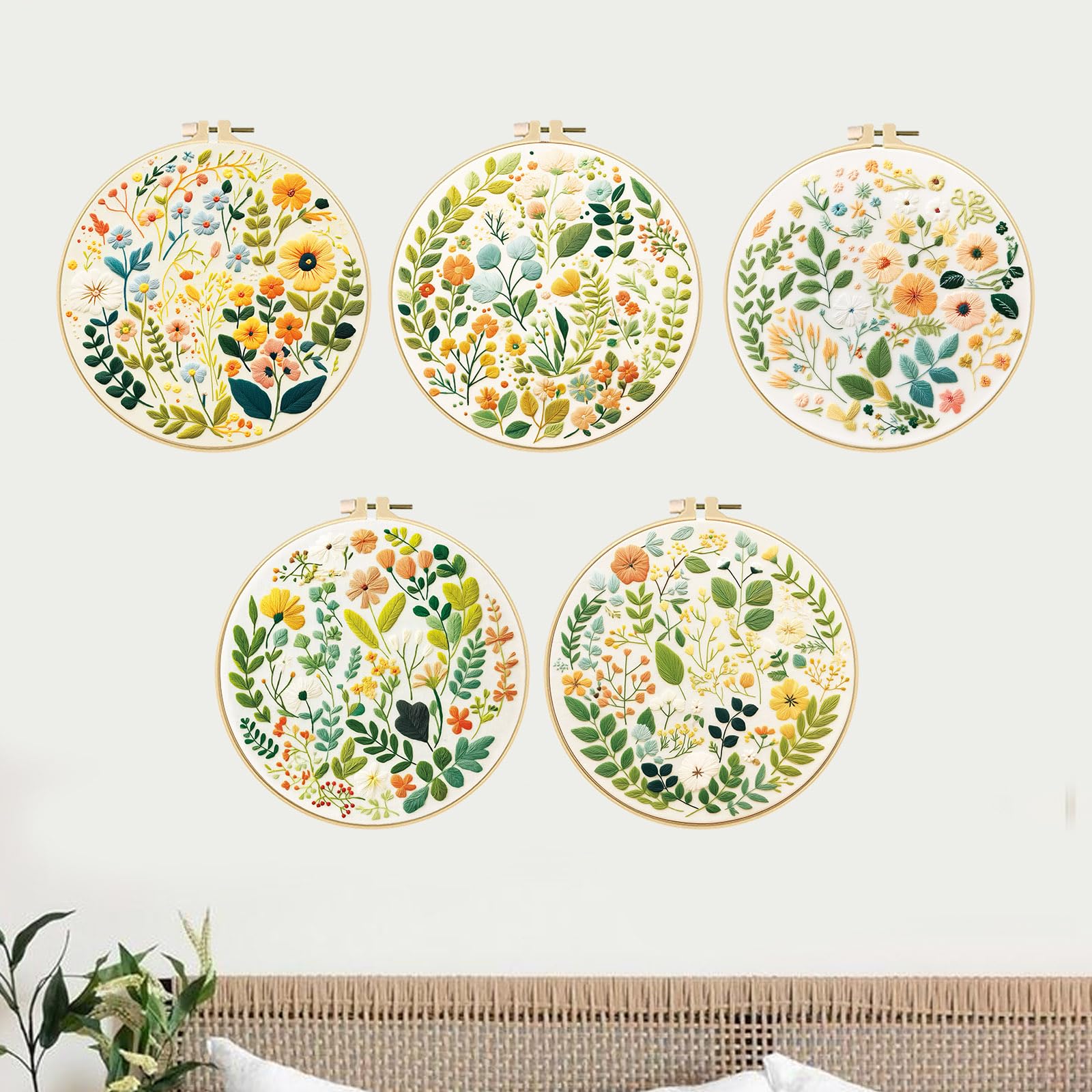 FREEBLOSS 5 Set Mit 11.6" Sticksets Für Anfänger Nadelspitzen Stickerei Starter Set Mit Kleinen Gestempelten Blumenmustern Anleitung Farbige Fäden 2 Reifen