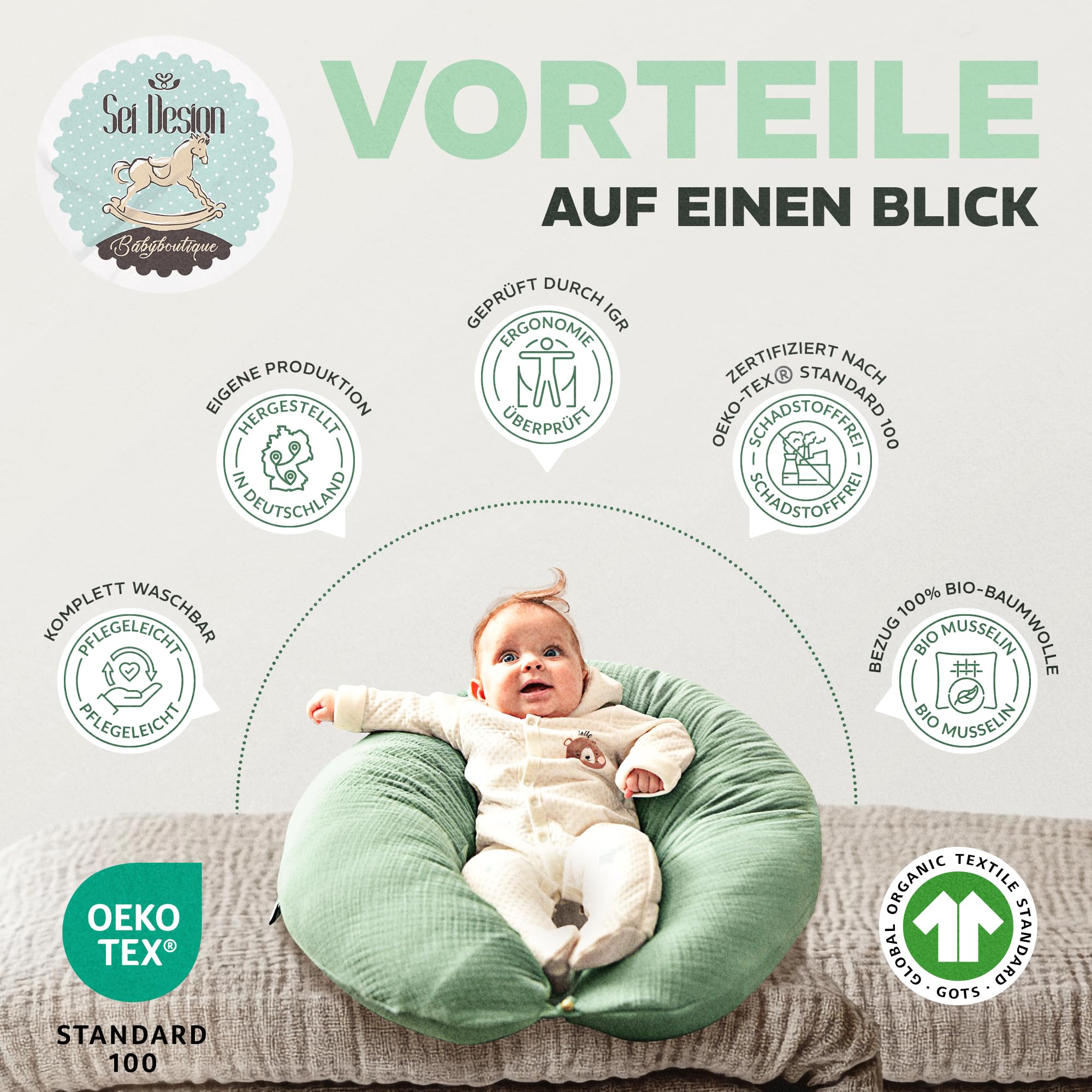 sei Design Stillkissen XXL Set Mikroperlen-Füllung Musselin-Bezug + noch 1 X Stillkissenbezug aus Bio Baumwolle, ergonomisches Schwangerschaftskissen Seitenschläferkissen Babynestchen