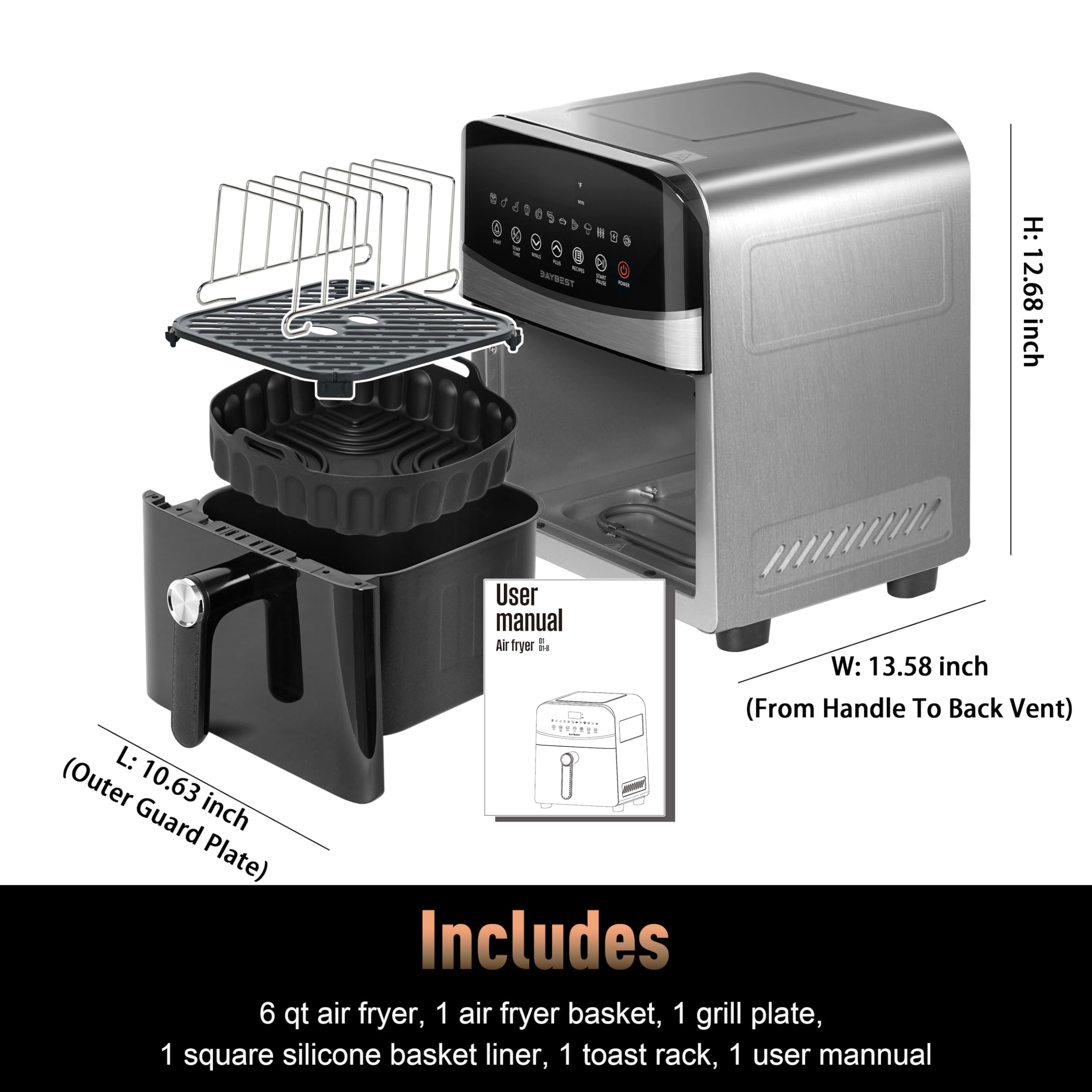 Ceramic Air Fryer Stainless Steel Shell Compact 6 QT for Small Family, DAYBEST Max 450°F 12-in-1 Metal Airfryer Dual Heats 1700W with Window, Dishwasher Safe Accessories (Stainless Steel)