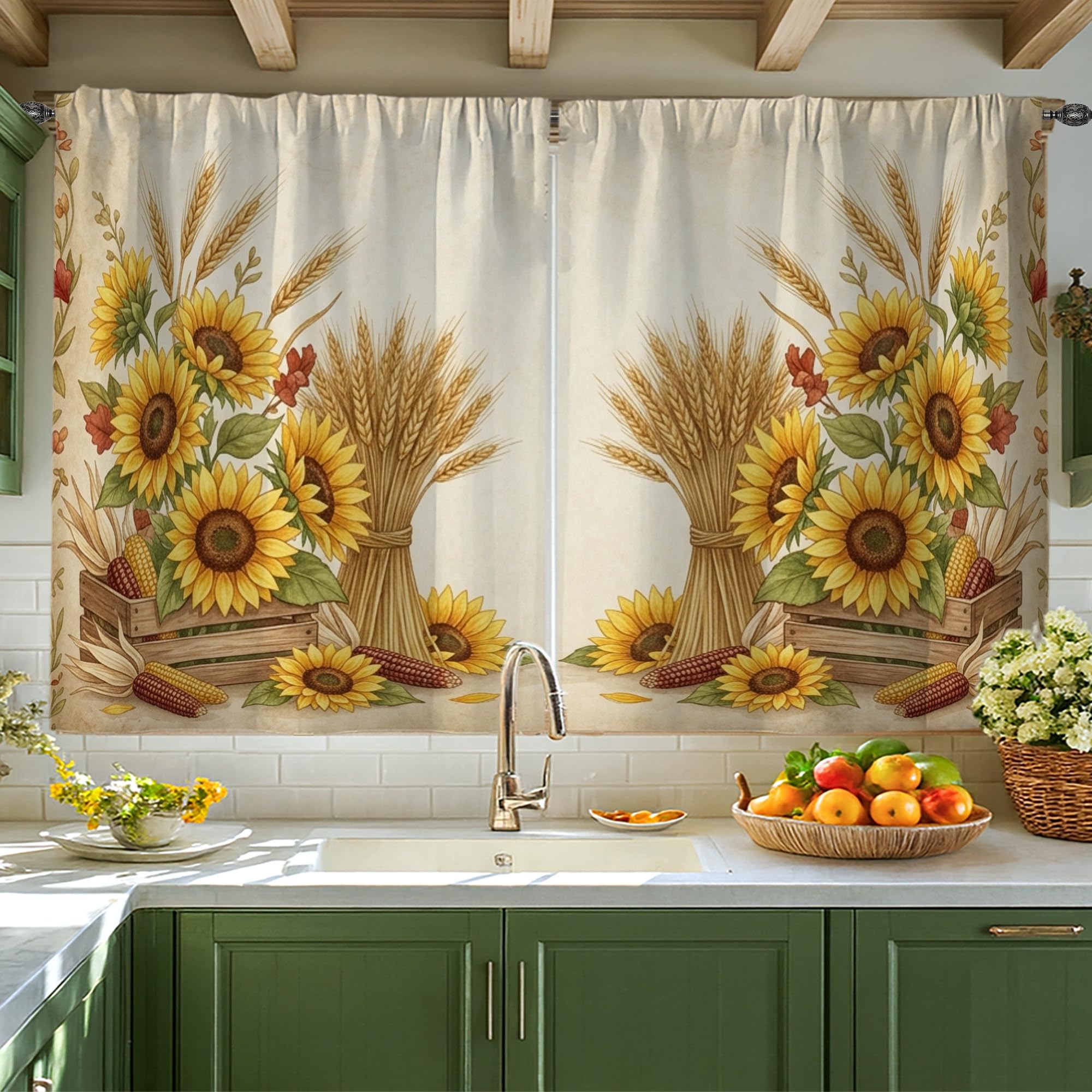 Rideaux de cuisine rustiques de haute qualité, motif blé et tournesols