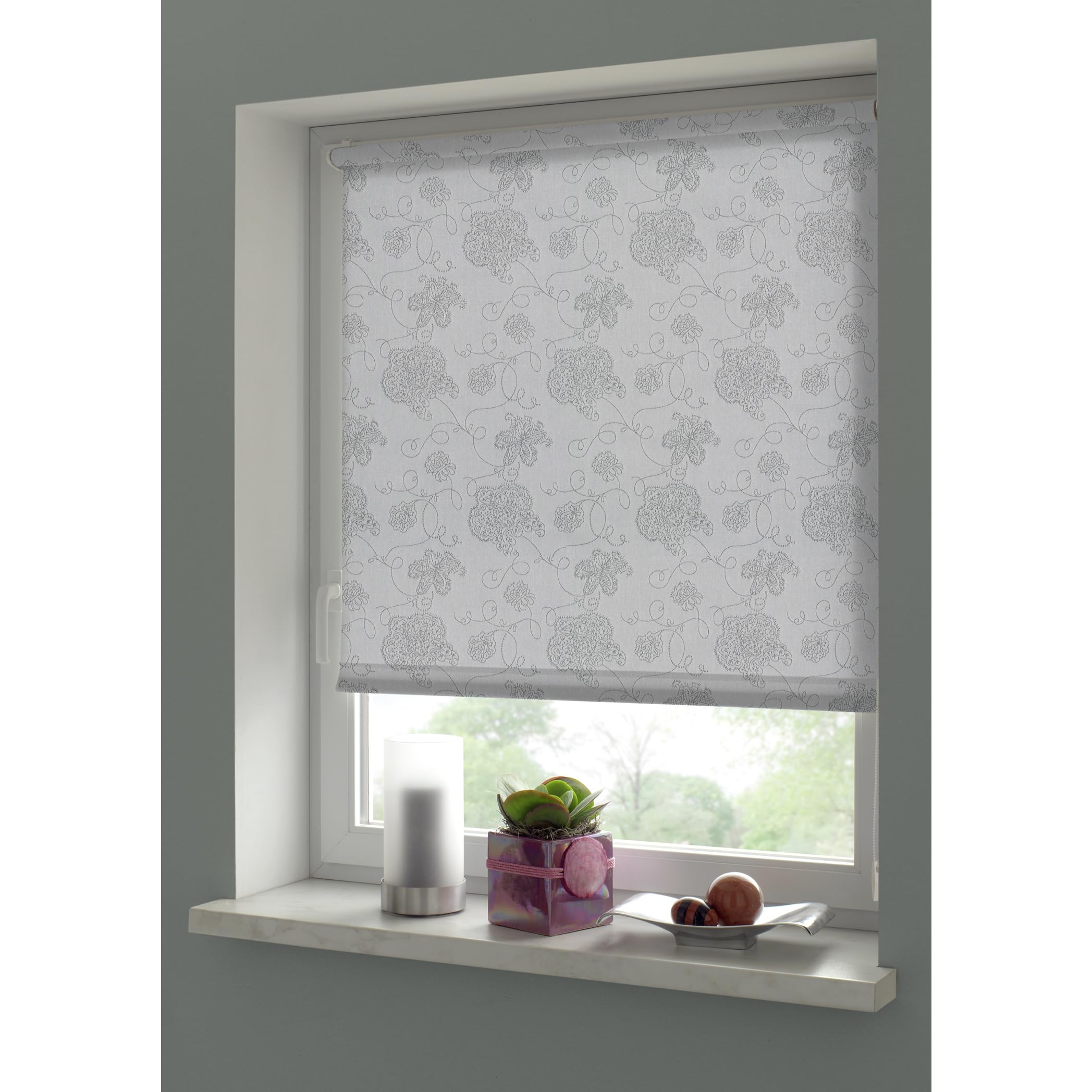Gardinia Rollo mit Stickerei zum Klemmen oder Kleben, Tageslicht-Rollo, Blickdicht, Alle Montage-Teile inklusive, EASYFIX Rollo Dekor, Silber, 100 x 150 cm (BxH)
