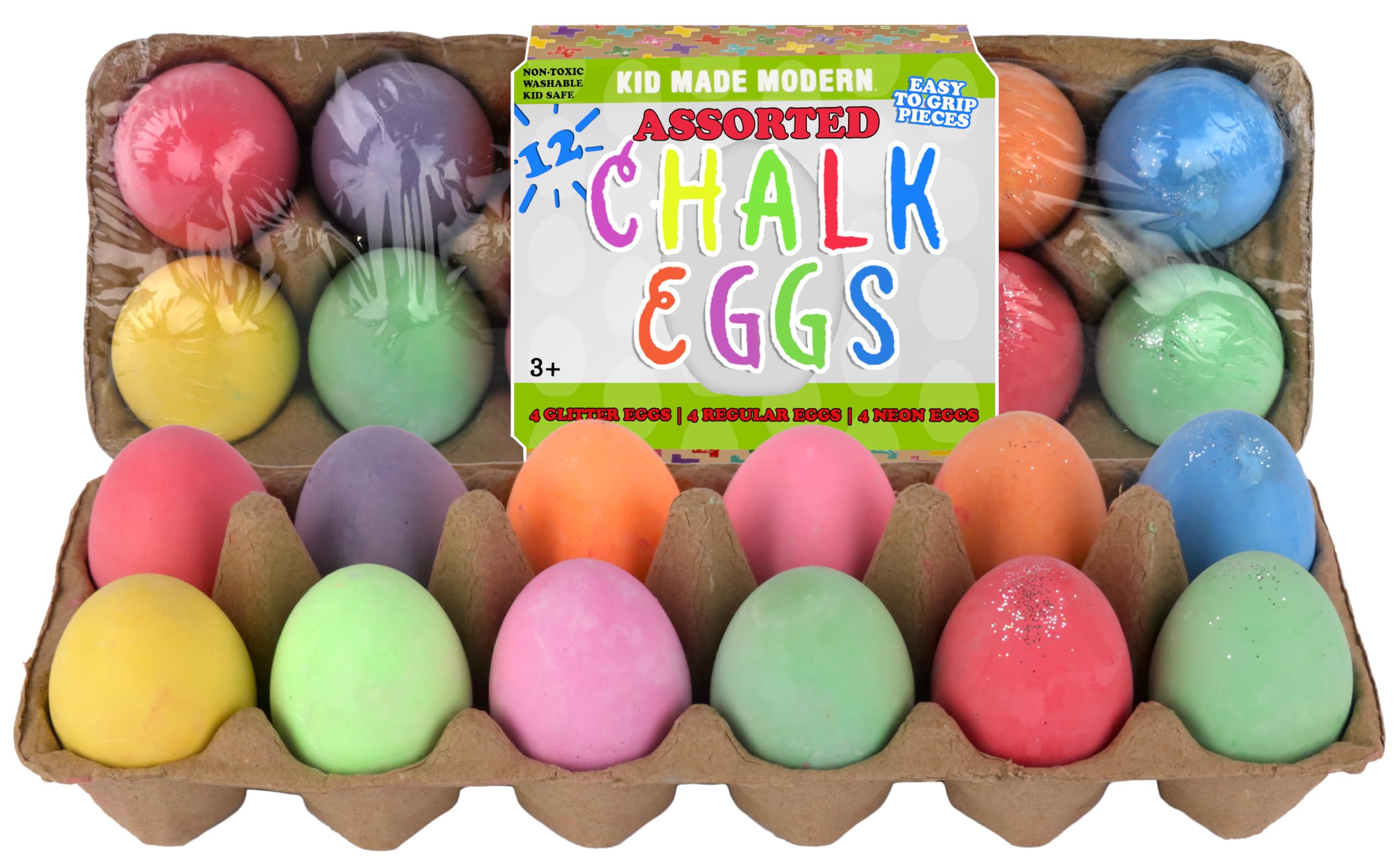 Kid Made Modern Glitter Egg Chalk - Set of 12 Assorted Vibrant Egg-Shaped Chalks for Kids - Non-Toxic, Washable, Dust-Free & Mess-Free - Fun Crafting