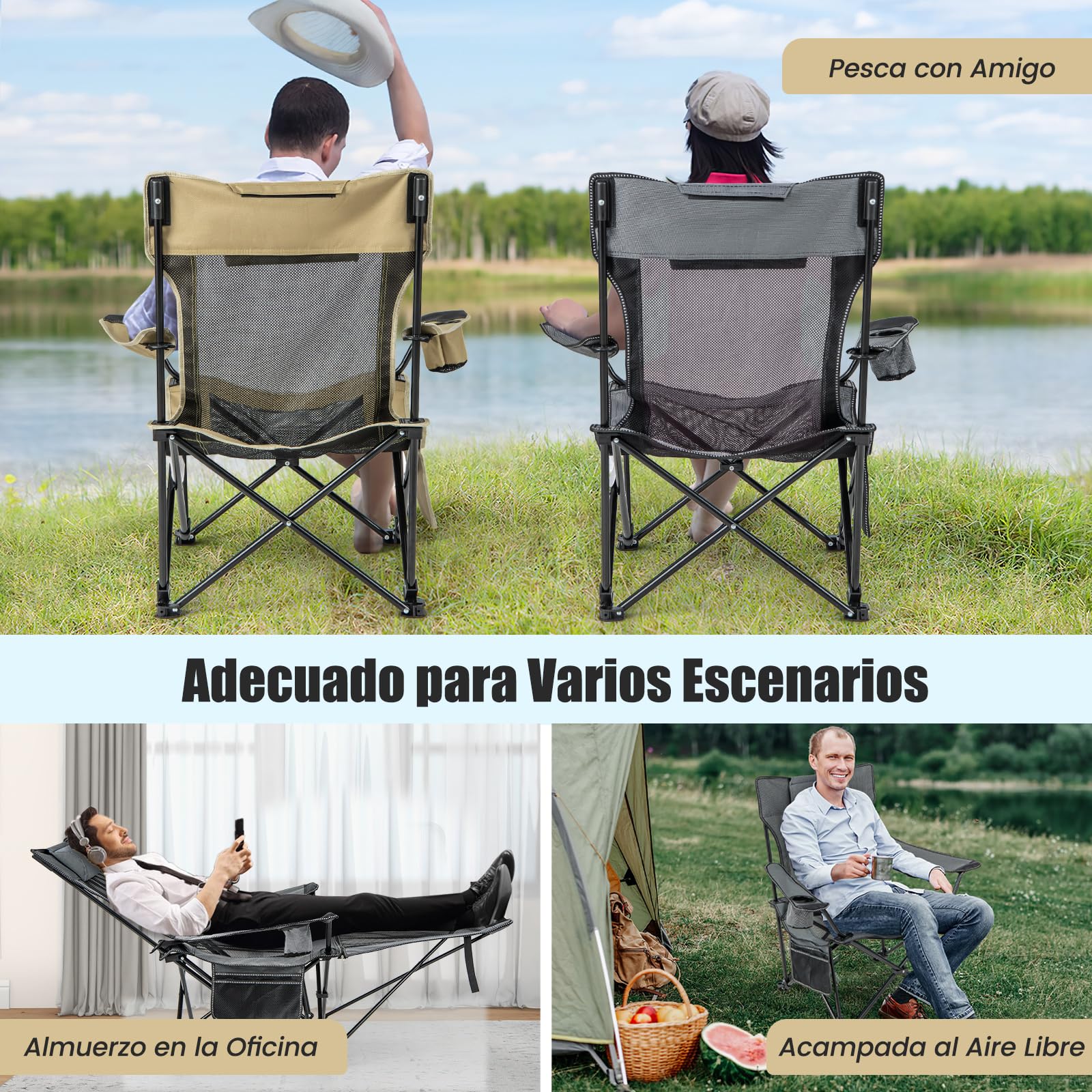 COSTWAY Silla Plegable Camping, Silla de Acampada Portátil 2 en 1, Reposapiés Desmontable, Respaldo Ajustable, Portavasos y Reposacabezas, Bolsa De Almacenamiento, Silla Camping Pesca, Picnics (Gris)