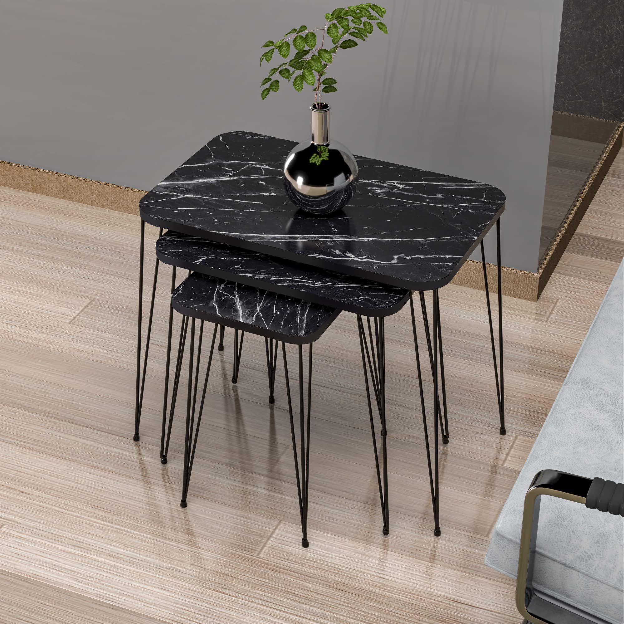 [en.casa] Set di 3 Tavolini Bassi da Divano - Tavolini Sovrapponibili in Dimensioni Diverse Gambe a Forcina in Metallo Piano Quadrato - Effetto Marmo Nero