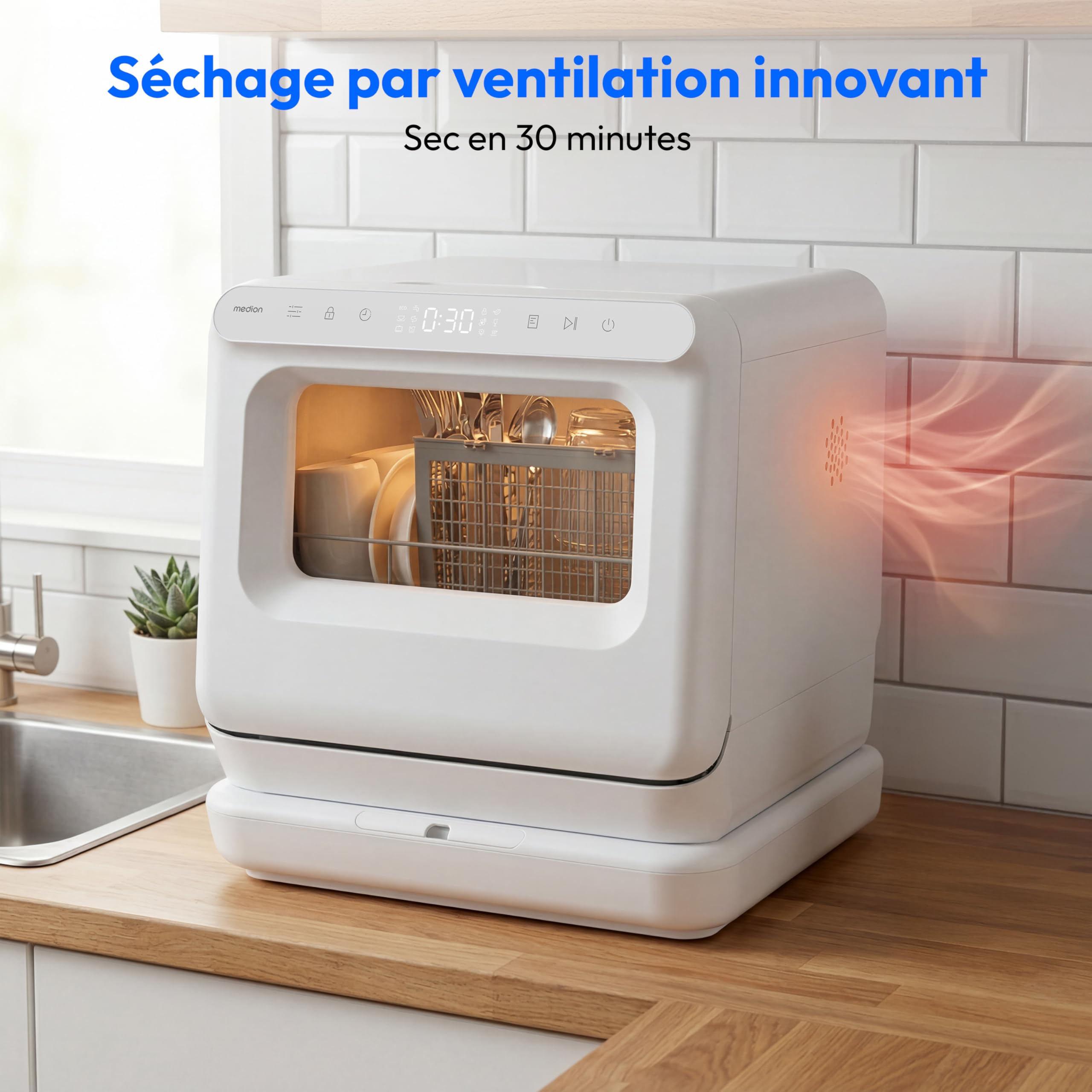 MEDION Mini Lave Vaisselle DWT30, 3 Couverts, Lave Vaisselle de Table, fonctionne avec ou sans raccordement d’eau, 6 Programmes, Lumière UV, Séchage par Ventilation, Écran Tactile, pose libre,