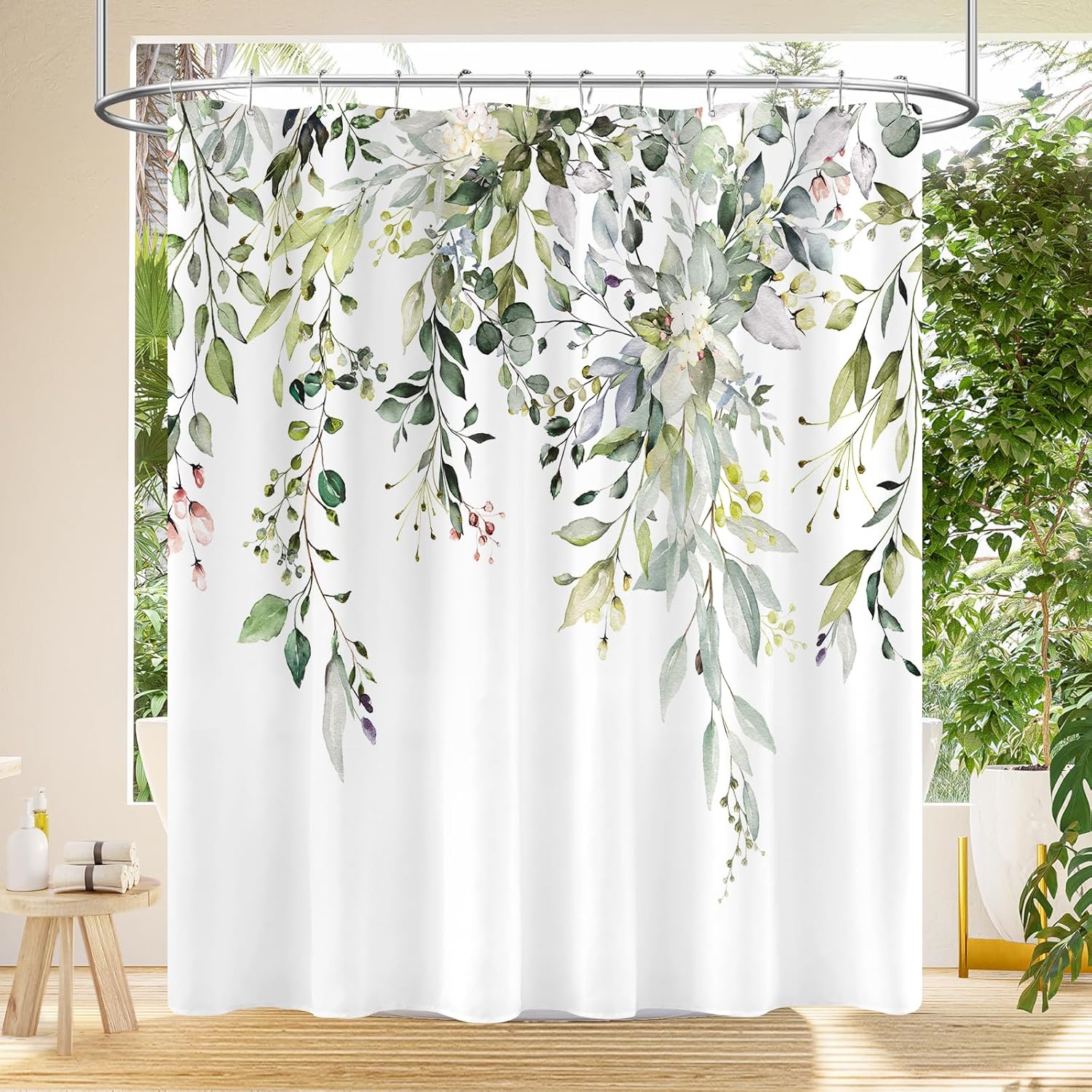 Long Eucalyptus Shower Curtain 72 x 78 Inch, Sage Green Plant Leaves Tall Shower Curtains for Bathroom, Watercolor Botanical Floral Nature Fabric Shower Curtain Set with Hooks