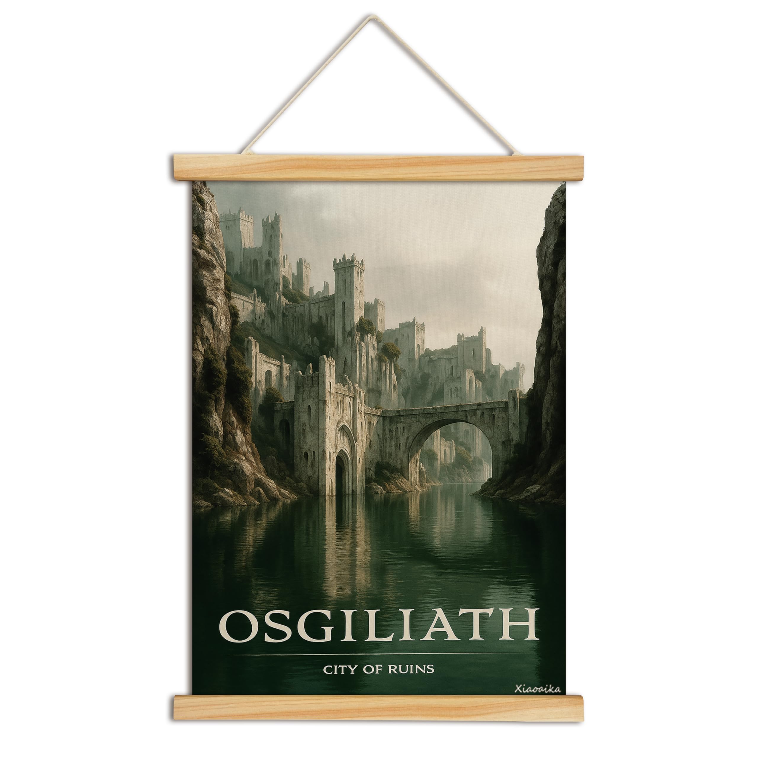 XIAOAIKA Ruined City Fantasy Wall Art, Ancient River Capital Canvas Poster with Solid Wood Frame, Hanging Print for Fans of Forgotten Kingdoms and Mystical Adventures, 16x23 Inch