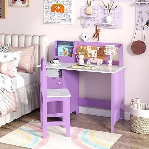 Miniatura 11 de Costzon Juego de escritorio y silla para niños, mesa de estudio de madera para niños con almacenamiento, gabinete, tablero de anuncios de corcho,