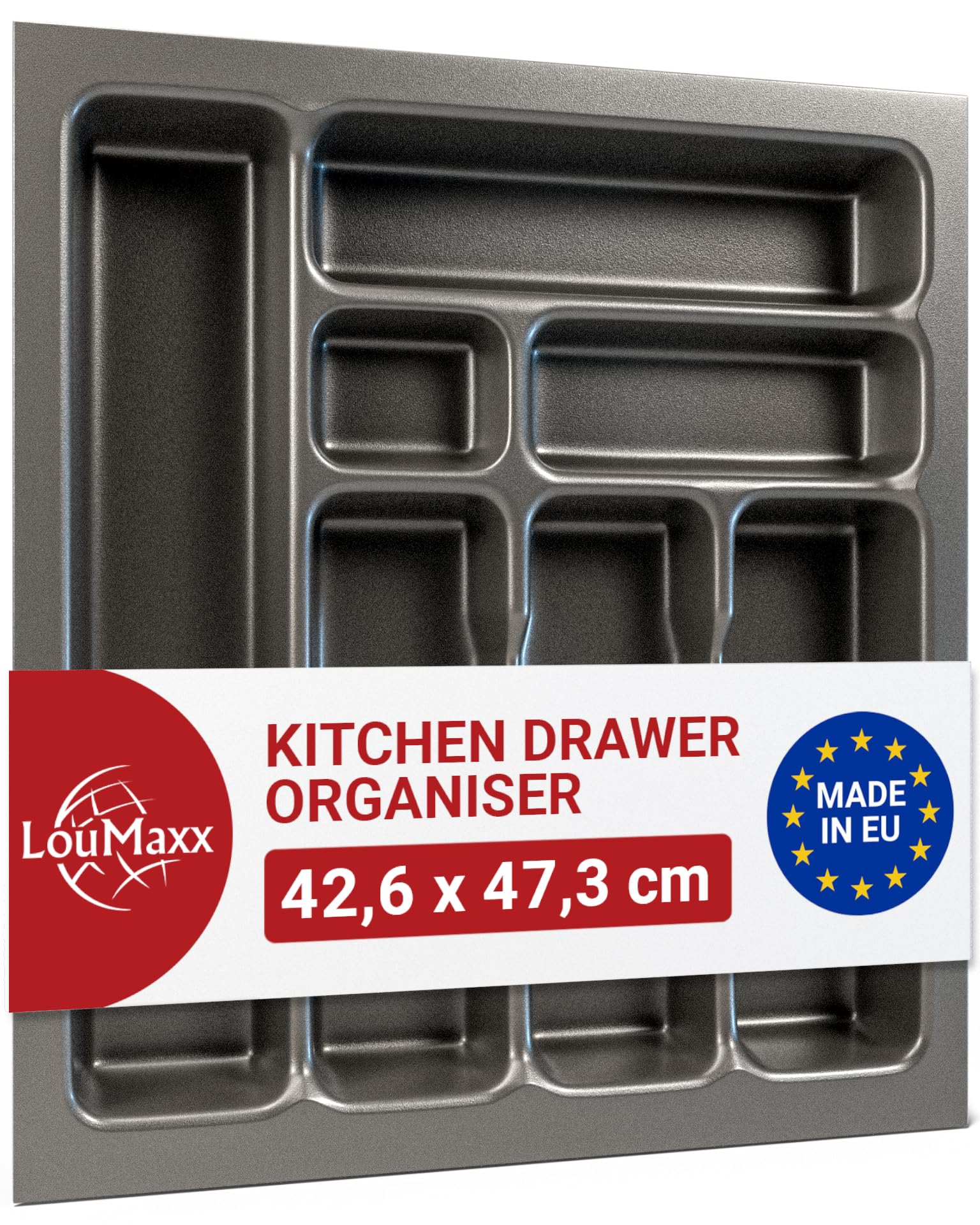 LouMaxx Cutlery Tray for Drawers - Kitchen Drawer Organizer Made in Germany, Grey with Compartments - Durable & Long-lasting (basalt grey, 18.6" x 16.8" x 2")