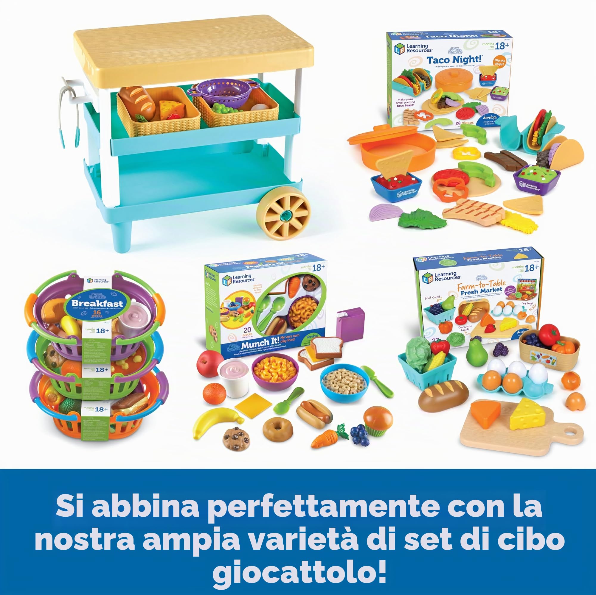 Learning Resources New Sprouts Cucina Prepara e Conserva, età 2+, Accessori da Cucina Giocattolo con 6 Pezzi di Alimenti Inclusi