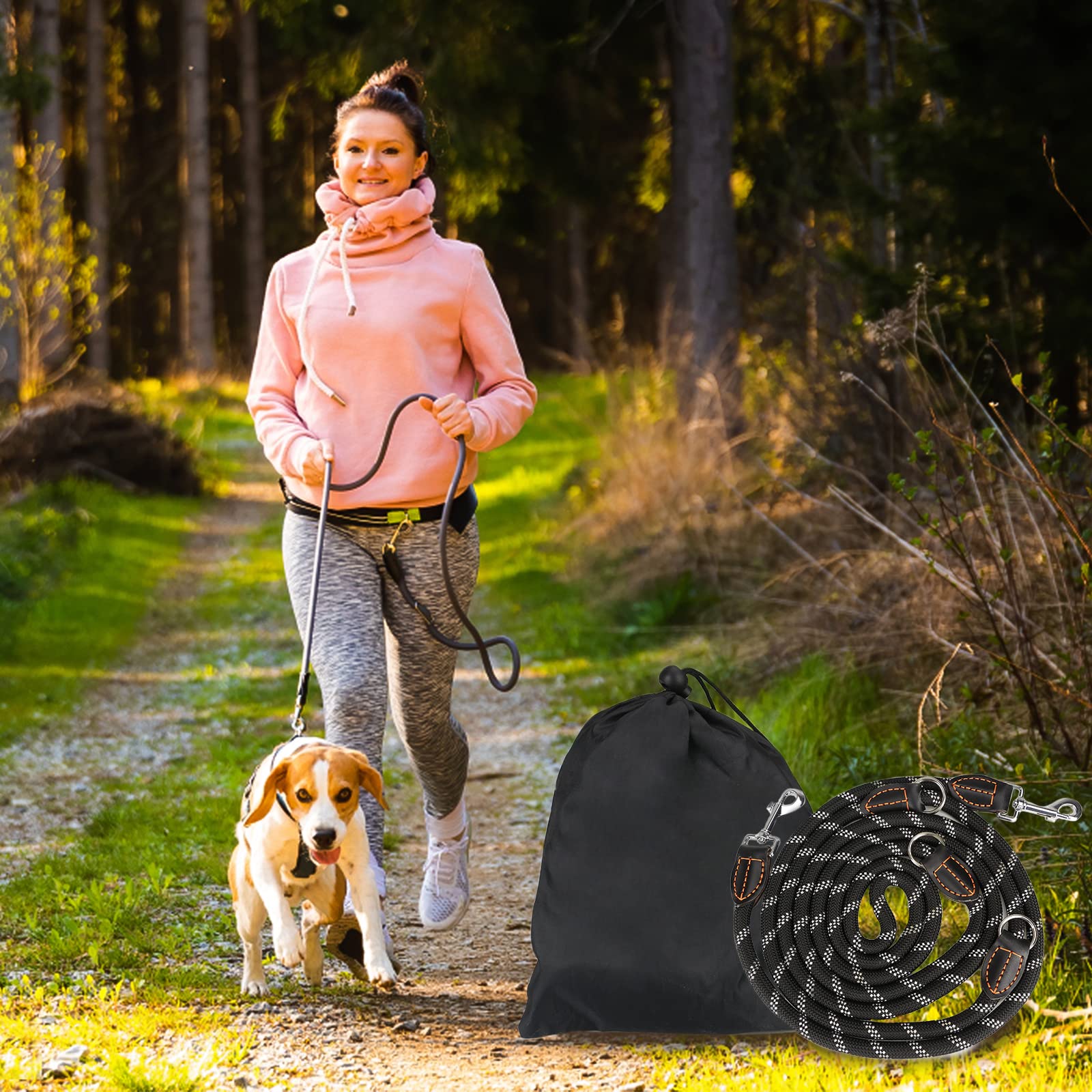 Guinzaglio per cani di taglia grande e media – Doppio guinzaglio regolabile in nylon con 2 moschettoni e 3 anelli – 3 m x 15 mm – nero