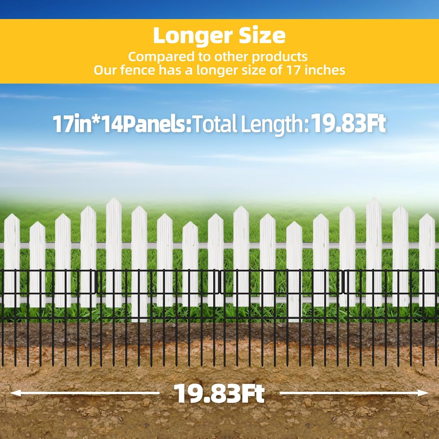 ULIOK 14 Panels Garden Fence Animal Barrier, Animal Barrier Fences No Dig Fence, 19.83ft(L) x 13in(H) Dog Fencing Rabbit Fences, 1.5in Spike Spacing Rustproof Metal Fences Border for Outdoor Yard
