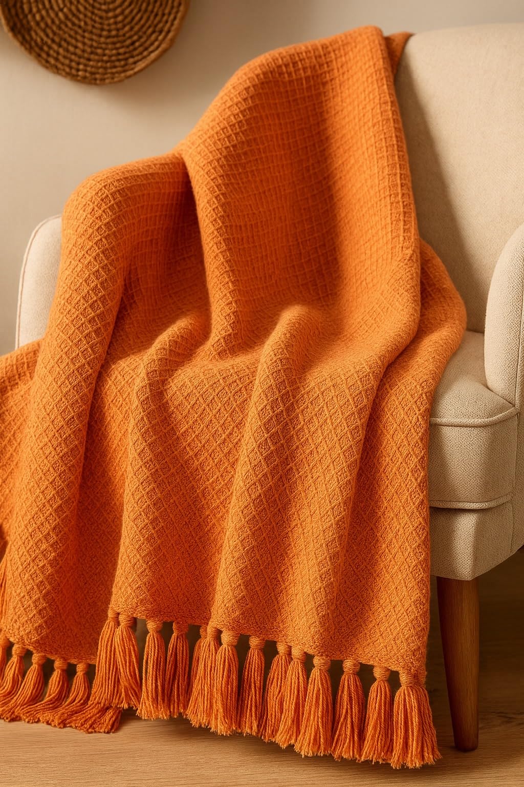 SAMAIR Decorative Winter Knit Throw Blanket, Orange Cotton, Diamond Waffle Pattern with Tassels, (Orange)-image-28
