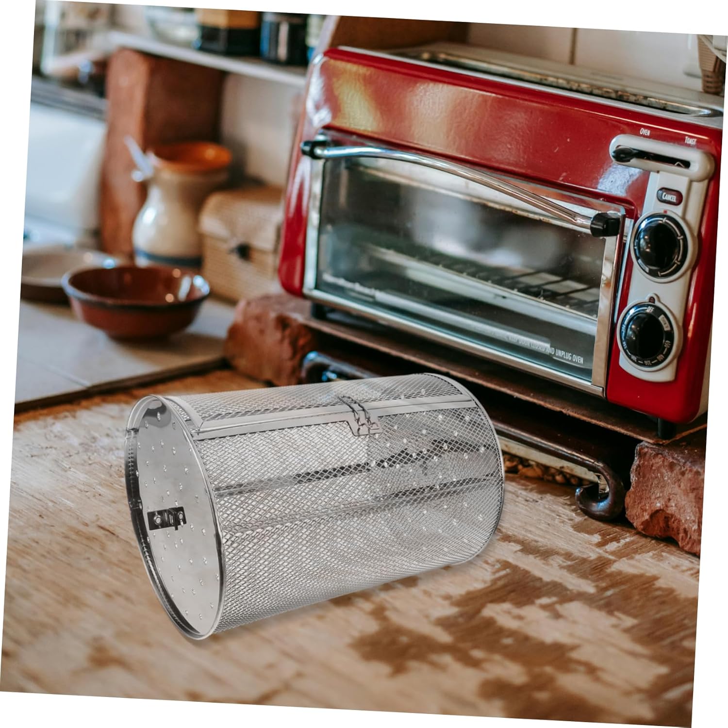 VICASKY Rotisserie Basket Stainless Steel Oven Roasting Cage for Nuts Meat and Dried Fruits Durable Kitchen Tool with Easy Open Movable Door for Air Fryer and Oven Cooking