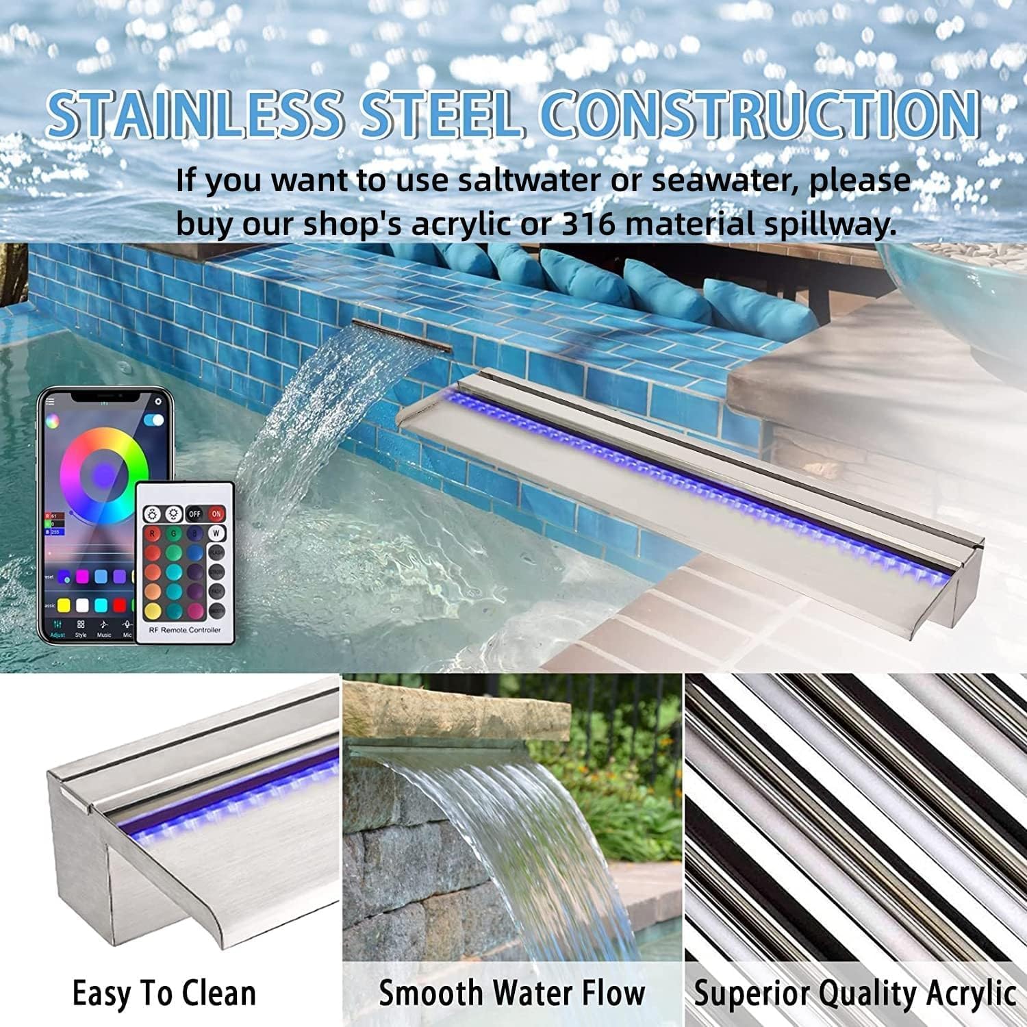 36 Inch APP 304 Stainless Steel Pond Fountains with 16 Color LED Lights, Outdoor Water Patio Waterfall Spillway Kit for Garden Patio, Swimming Pool, Koi Ponds Decoration