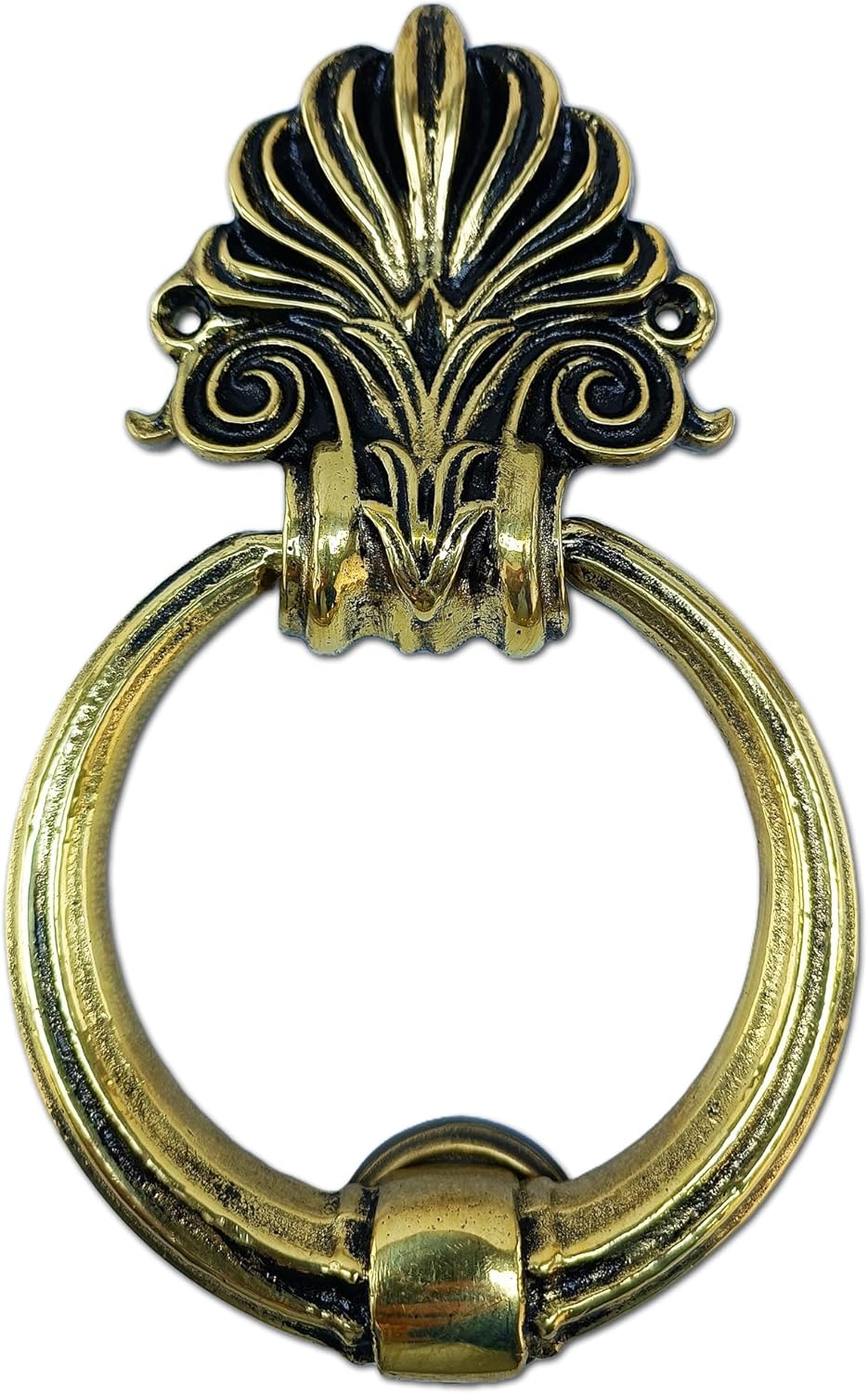 Brass Ring Door Knocker with Ornamental Design, 7.1 inches, Unlacquered Antique Copper Finish