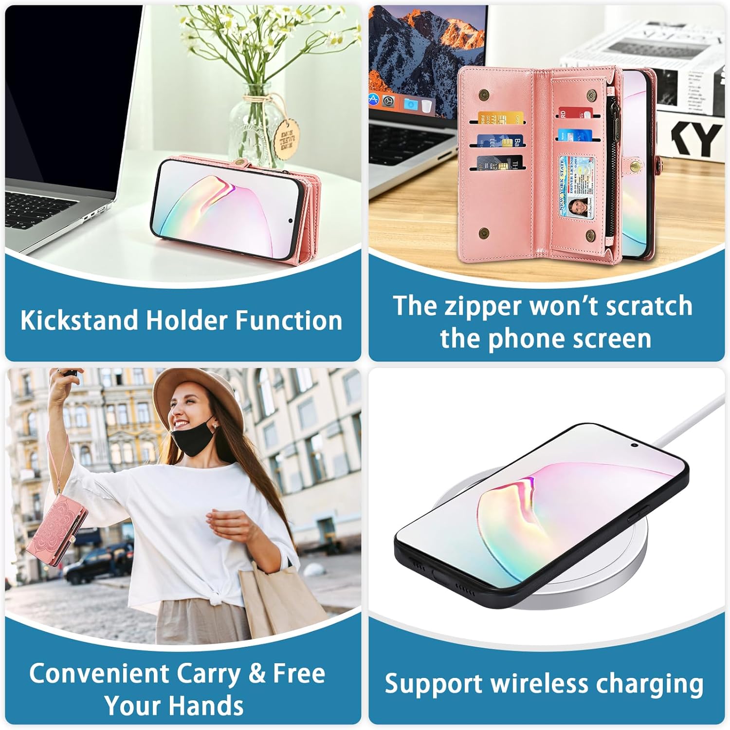 Asuwish Phone Case for Samsung Galaxy Note 10 Plus Note10+ 5G Zipper Wallet Cell Cover with Screen Protector Strap Flower Card Holder Slot Note10 + Notes 10+ Ten Not S10 10Plus Women Girls Rose Gold