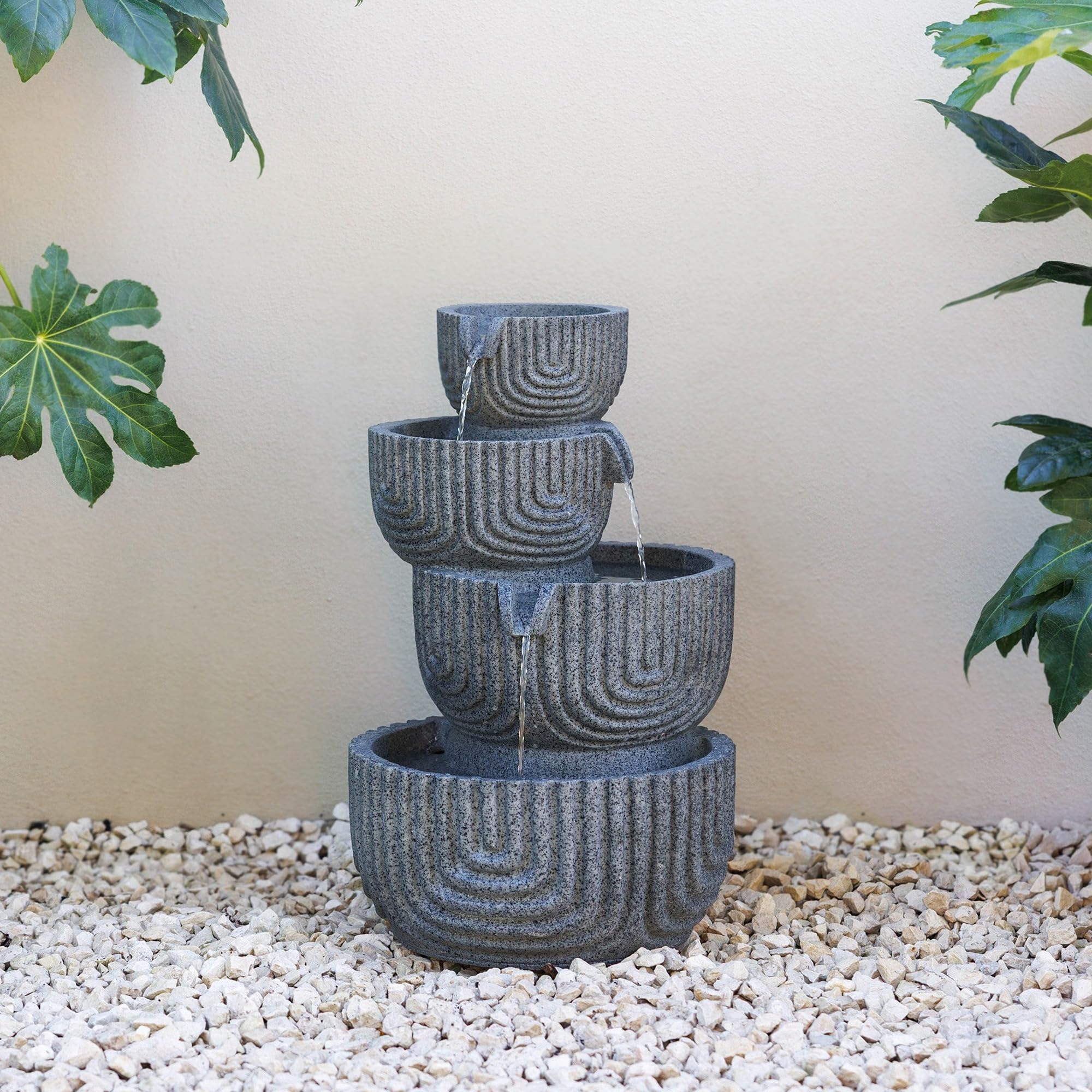 Primrose Lyne Stacked Bowls Outdoor Patio Water Feature with LEDs in Grey 49.5cm