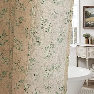 Sage Green Floral Vintage Linen Shower Curtain, French Country Shower Cu...