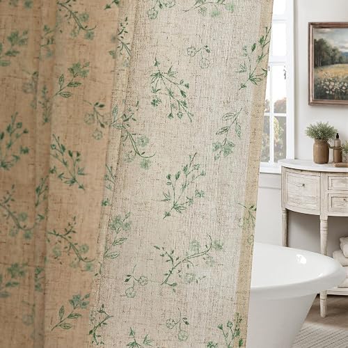 Sage Green Floral Vintage Linen Shower Curtain, French Country Shower