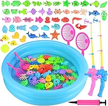 GOLDGE Magnetic Fishing Toy, 52 Pieces Fishing Rods Game Bath Toy with Inflatable Pool, 2 Pole Rods, 2 Nets, 46 Plastic Floating Fish and Mini Inflator