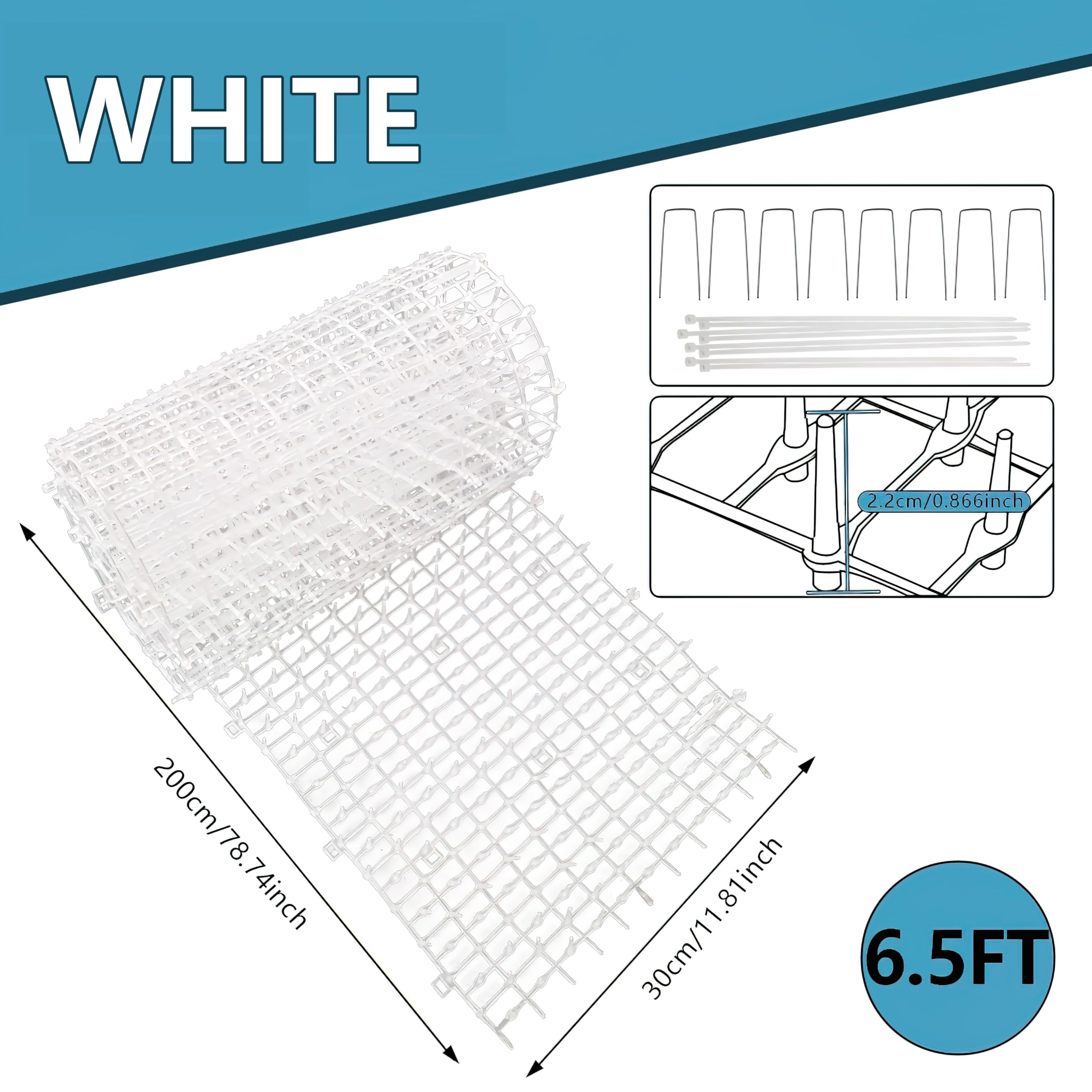 Condition photo showing New/Like New for pet repellent mat, white, feet with 8 ground stakes 8 zip tie, cat repellent mat with gentle spikes for garden/backyard, dog and raccoon deterrent mat, 78.74 inches x 11 inches.