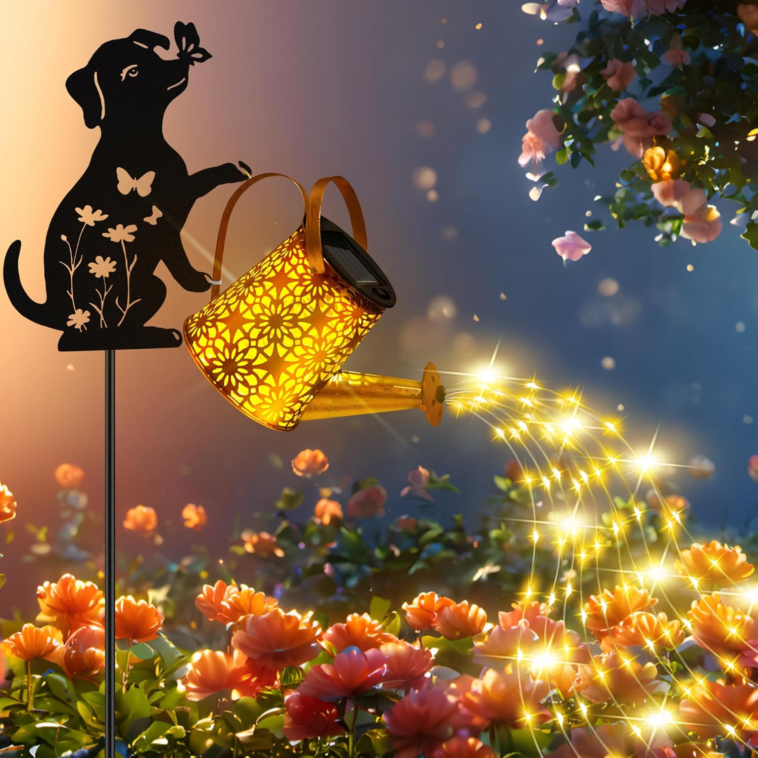 Solar Lights Outdoor Decorative, Watering Can with Cascading Lights, with Dog Silhouette Garden Stakes, Waterproof Metal Garden Decor Mom 2 Pack