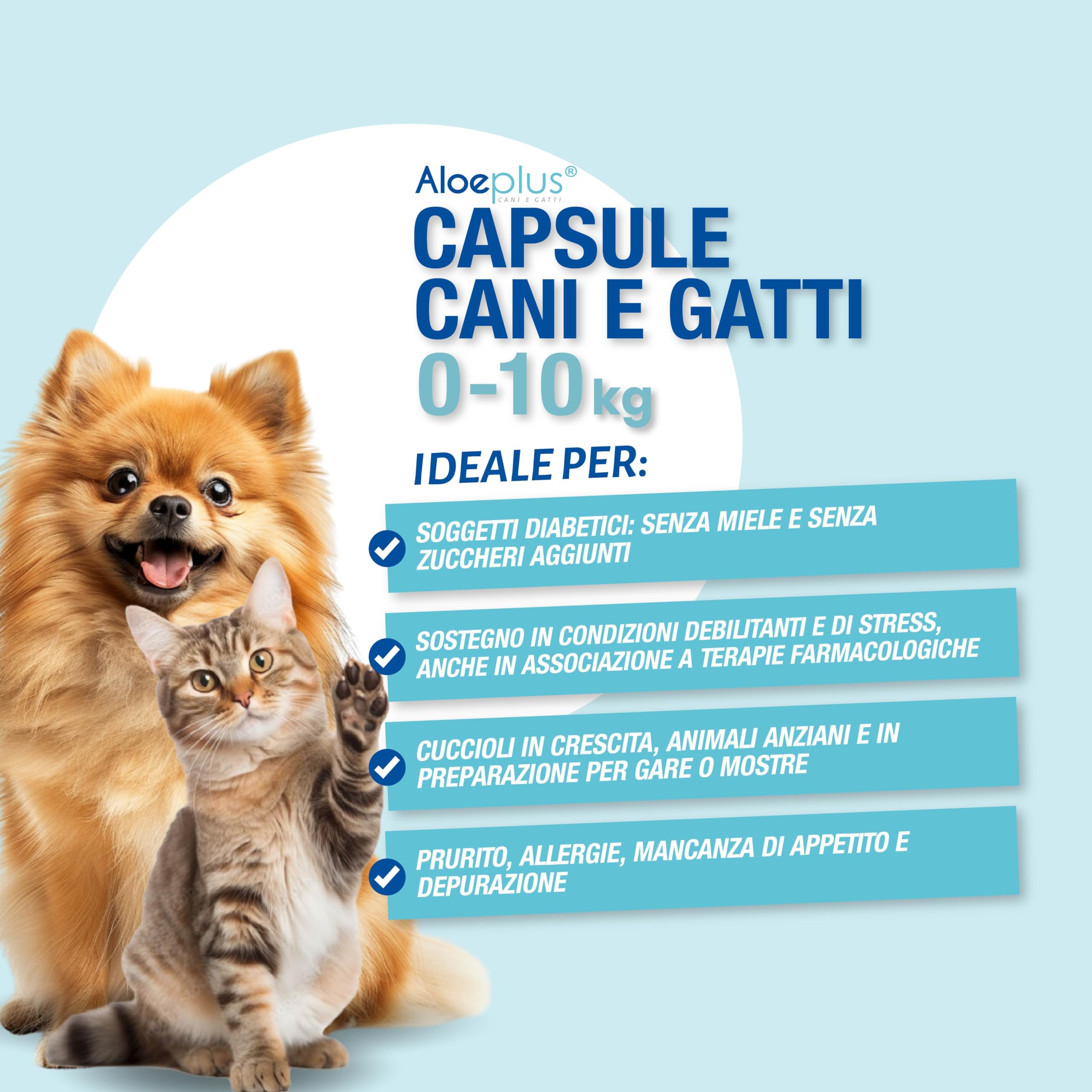 ALOEPLUS Gatti e Cani Capsule-Alimento Complementare Energetico, Disintossicante con Aloe Arborescens BIO, Rafforza le Naturali Difese di Gatti e Cani Anziani e Cuccioli, Contro inappetenza,60 capsule