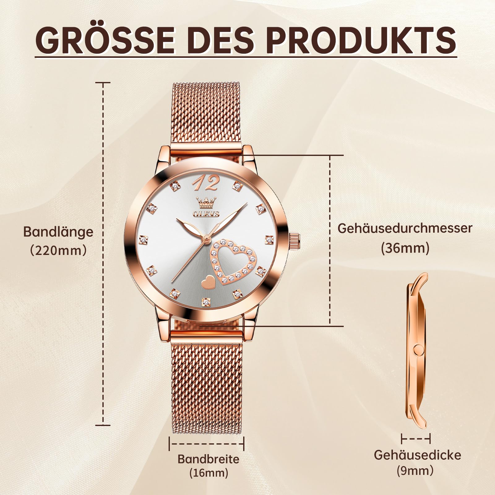 OLEVS Uhr Damen Rosegold Elegant Analog Wasserdicht Quarzuhr mit Datum
