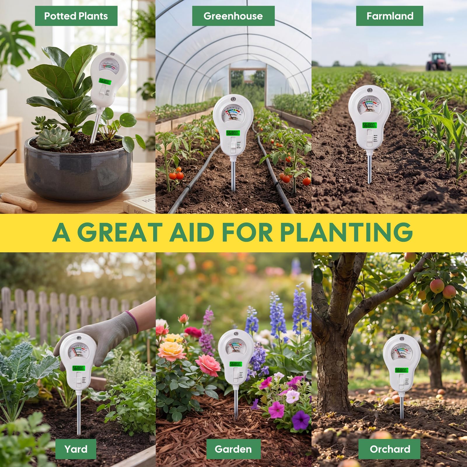 Medidor de Humedad del Suelo 6 en 1 Medidor de pH de Suelo Preciso Fertilidad/PH/Humedad/Temperatura/Humedad Ambiental/Luz Probador de Suelo con Problema Extraíble para Plantas Interior Exterior