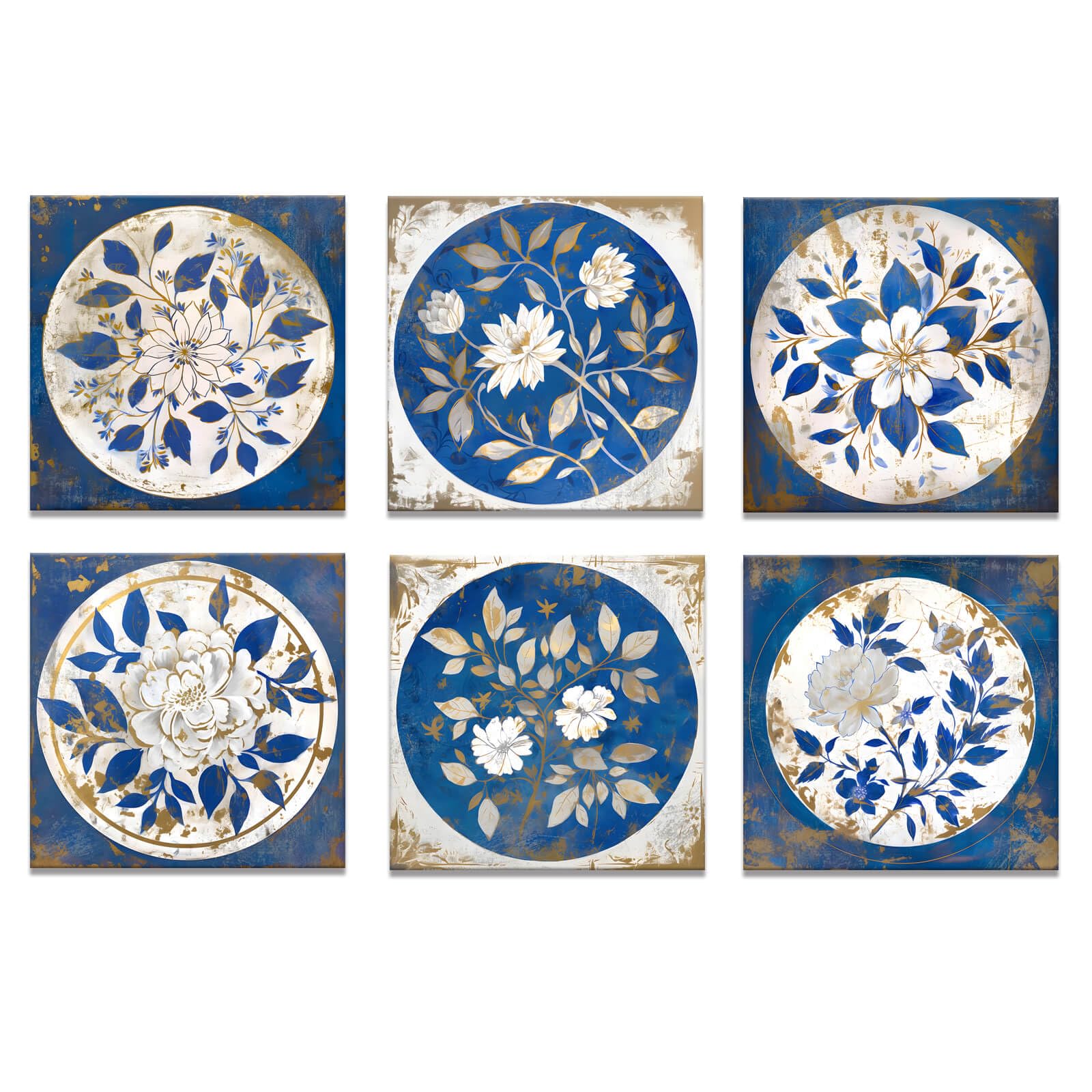 Bathroom Decor Wall Art Set of 6 Navy Blue Rustic Floral Canvas Wall
