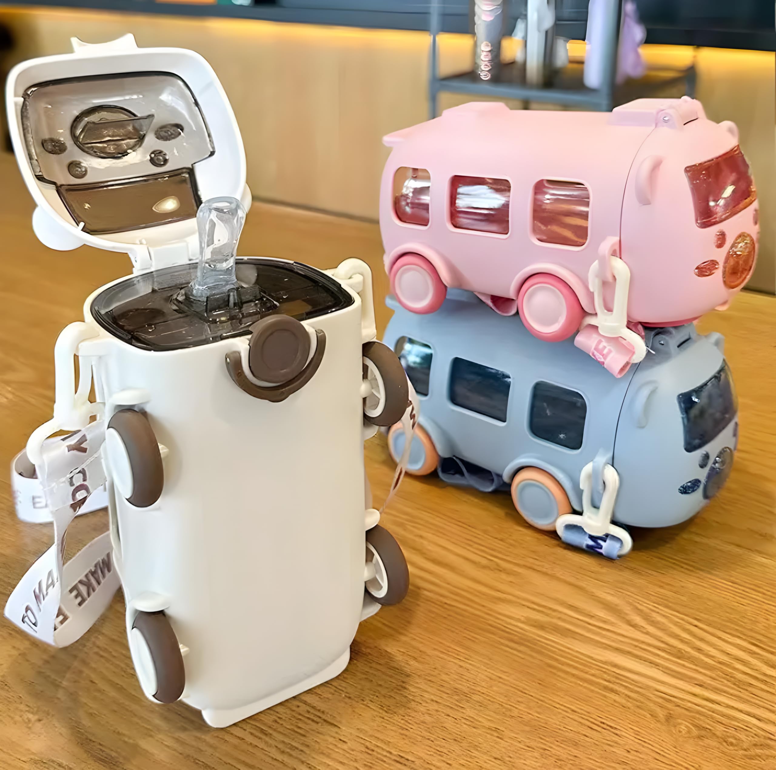Kids Water Bottle with Straw, Cute Cartoon Bear Car Design, Integrated Silicone Straw & Shoulder Strap for School & Outdoor Use 500ml– Pack of 1, Color May Vary-image-13